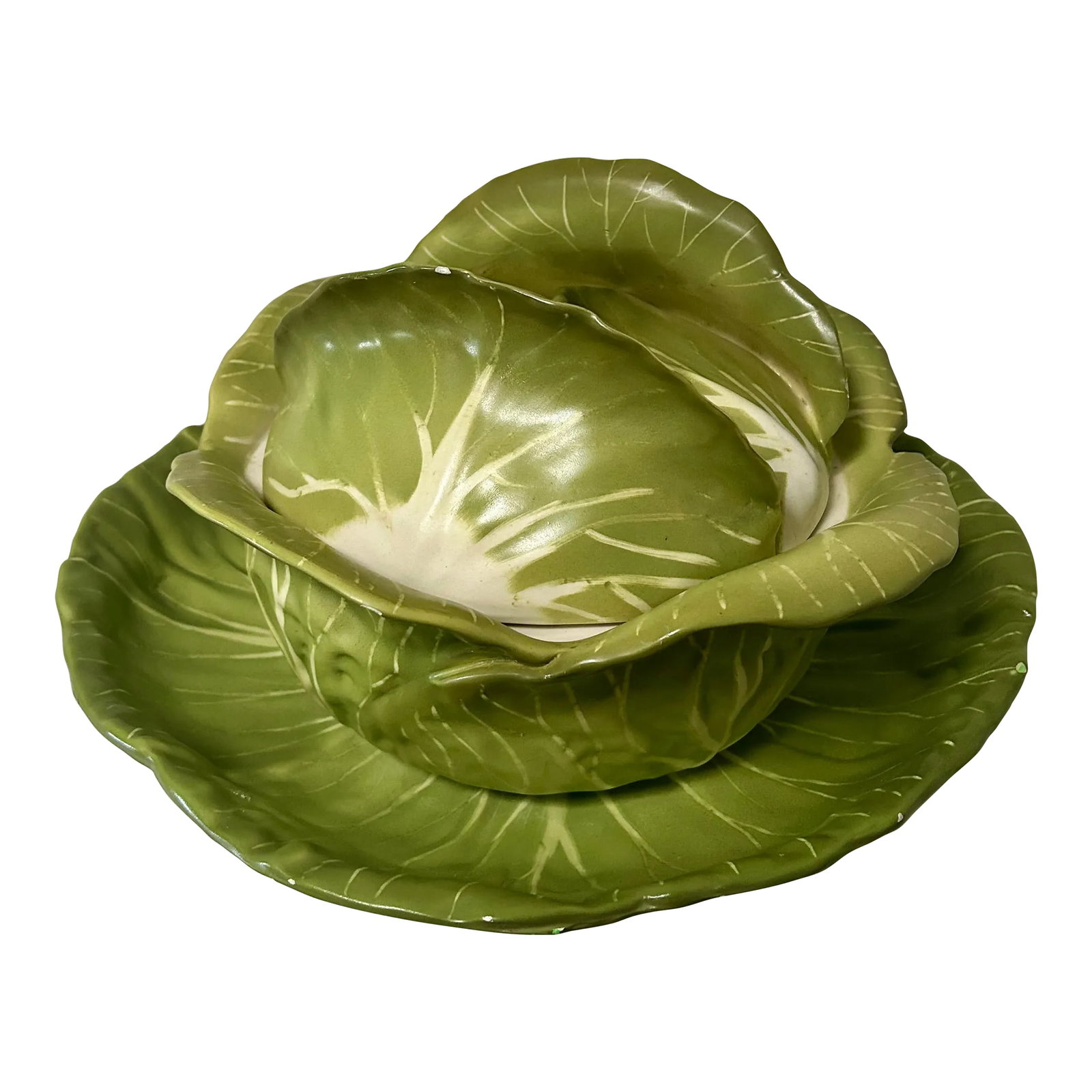 1960's Majolica Trompe-l'Oeil Cabbage Tureen and Underplate- 2 Pieces: It's not easy being green, unless you are a fabulous vintage cabbageware tureen in the style of Paul Hannong! This muted green and ivory ceramic cabbage form tureen and cover and large serving saucer