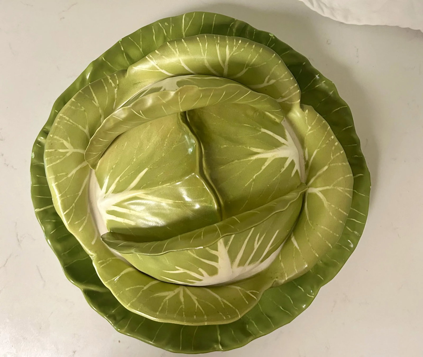 1960's Majolica Trompe-l'Oeil Cabbage Tureen and Underplate- 2 Pieces - 6