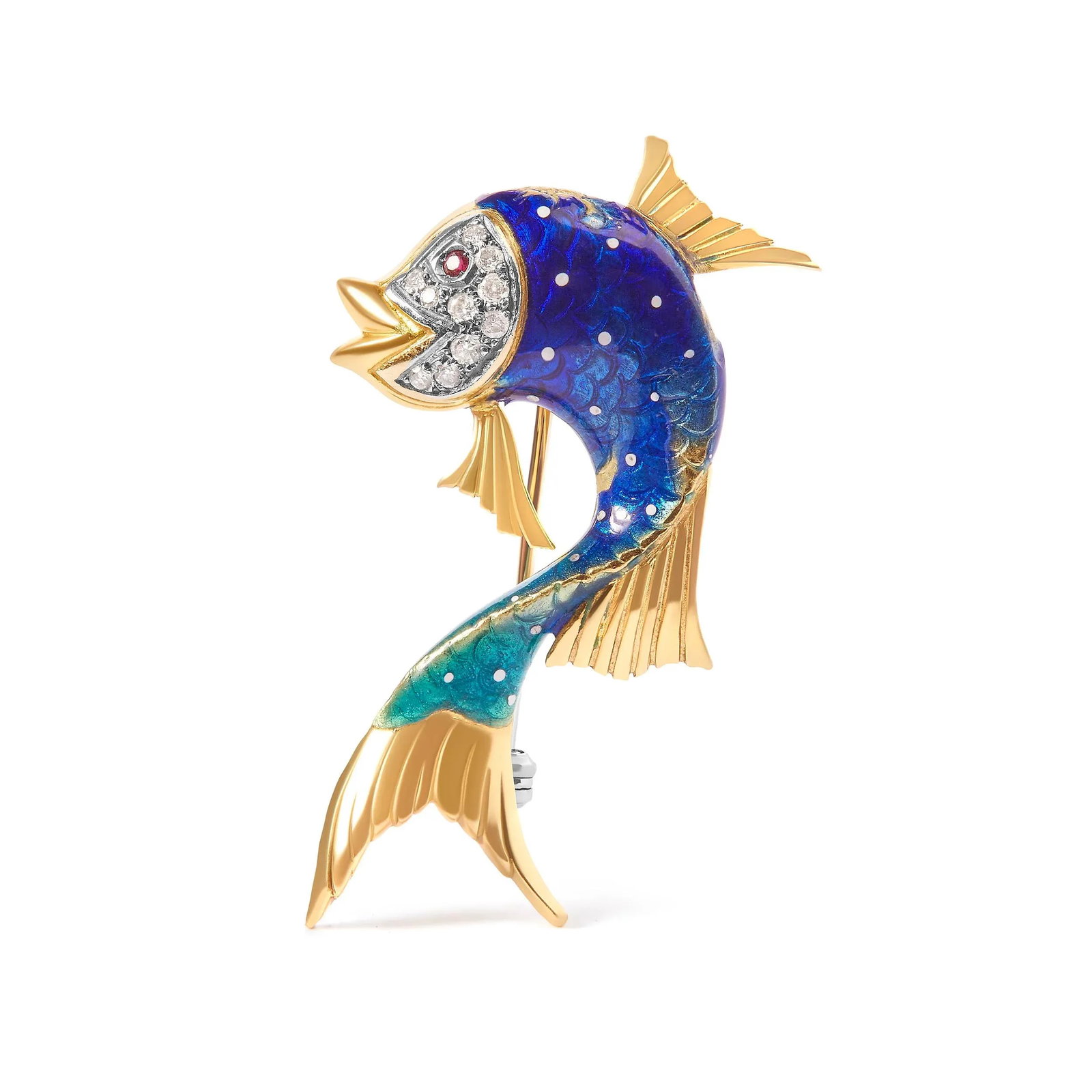 Hause of Brilliance 18K Yellow Gold and Blue Enamel Diamond and Pink Sapphire Fish Brooch Pin (H-I C: Introducing a mesmerizing masterpiece that captivates both women and men alike. This enchanting Fish Brooch Pin, crafted in 18K Yellow Gold and adorned with Blue Enamel, is a true symbol of elegance