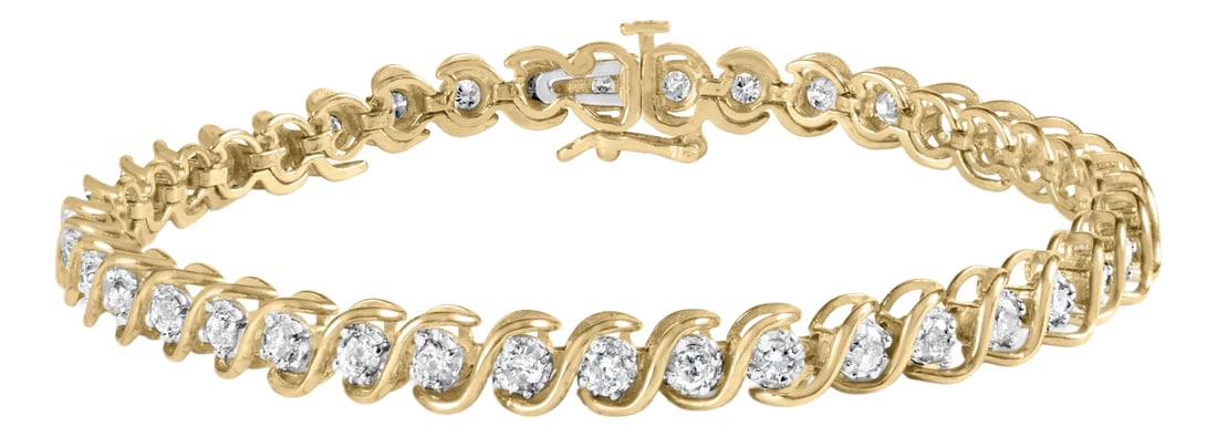 10K Yellow Gold 3 cttw Round-Cut Diamond Spiral Link 7.50" Bracelet (I-J Color, I1-I2 Clarity): Indulge in the mesmerizing allure of our exquisite 10K Yellow Gold Diamond Spiral Link Bracelet. Crafted with utmost precision, this captivating piece is a testament to the brilliance of nature's