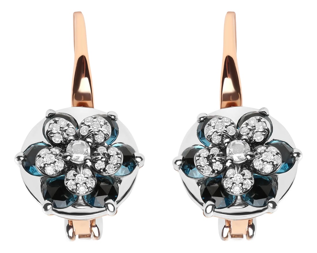 18K Rose and White Gold 1/3 Cttw Round Diamonds and Round London Blue Topaz Gemstone Cluster Floral: The decadent color of these 18k white and rose gold drop hoop earrings is mesmerizing! Natural 2.6mm round heat-treated London blue topaz gemstones radiate their warmth from prong settings in the form