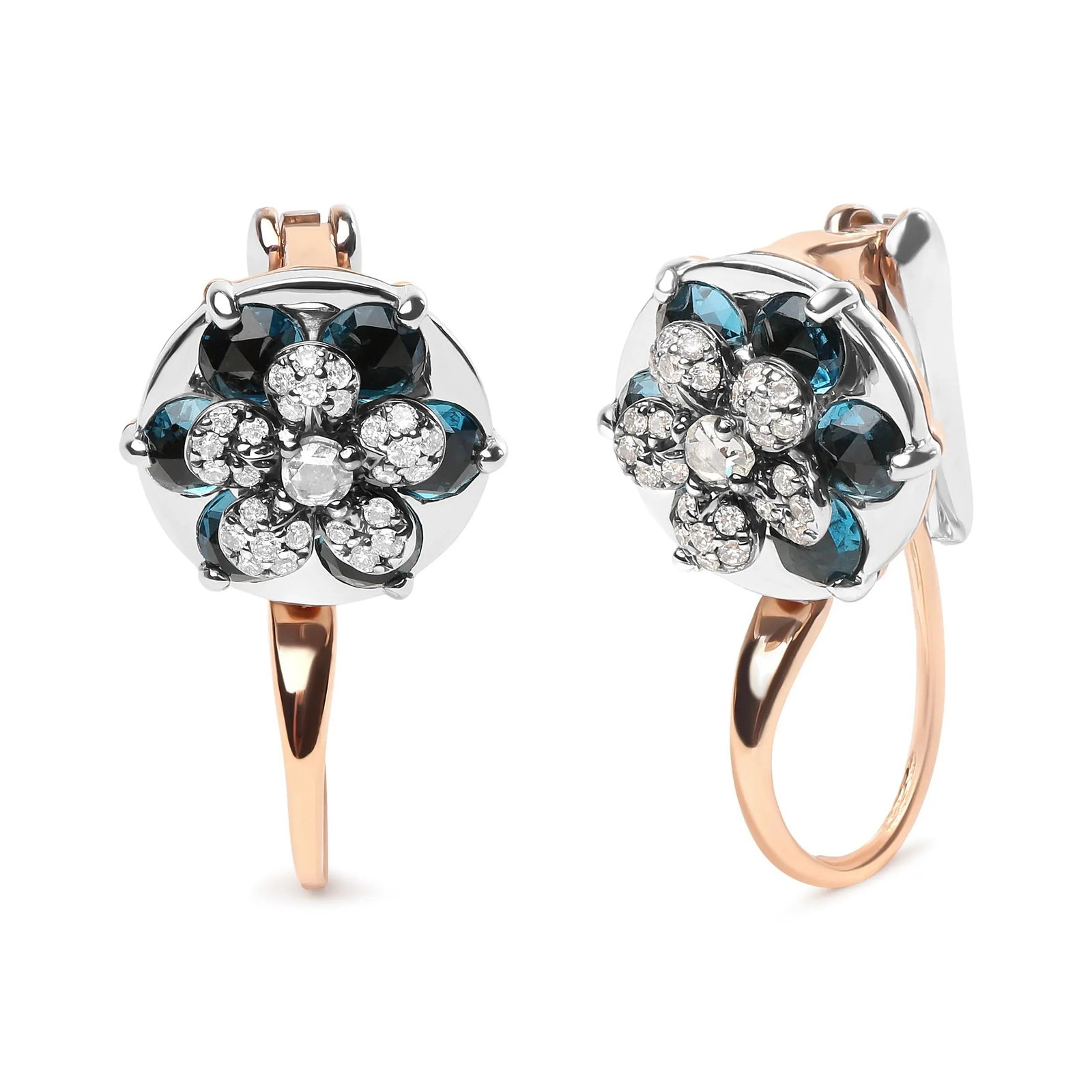 18K Rose and White Gold 1/3 Cttw Round Diamonds and Round London Blue Topaz Gemstone Cluster Floral - 2