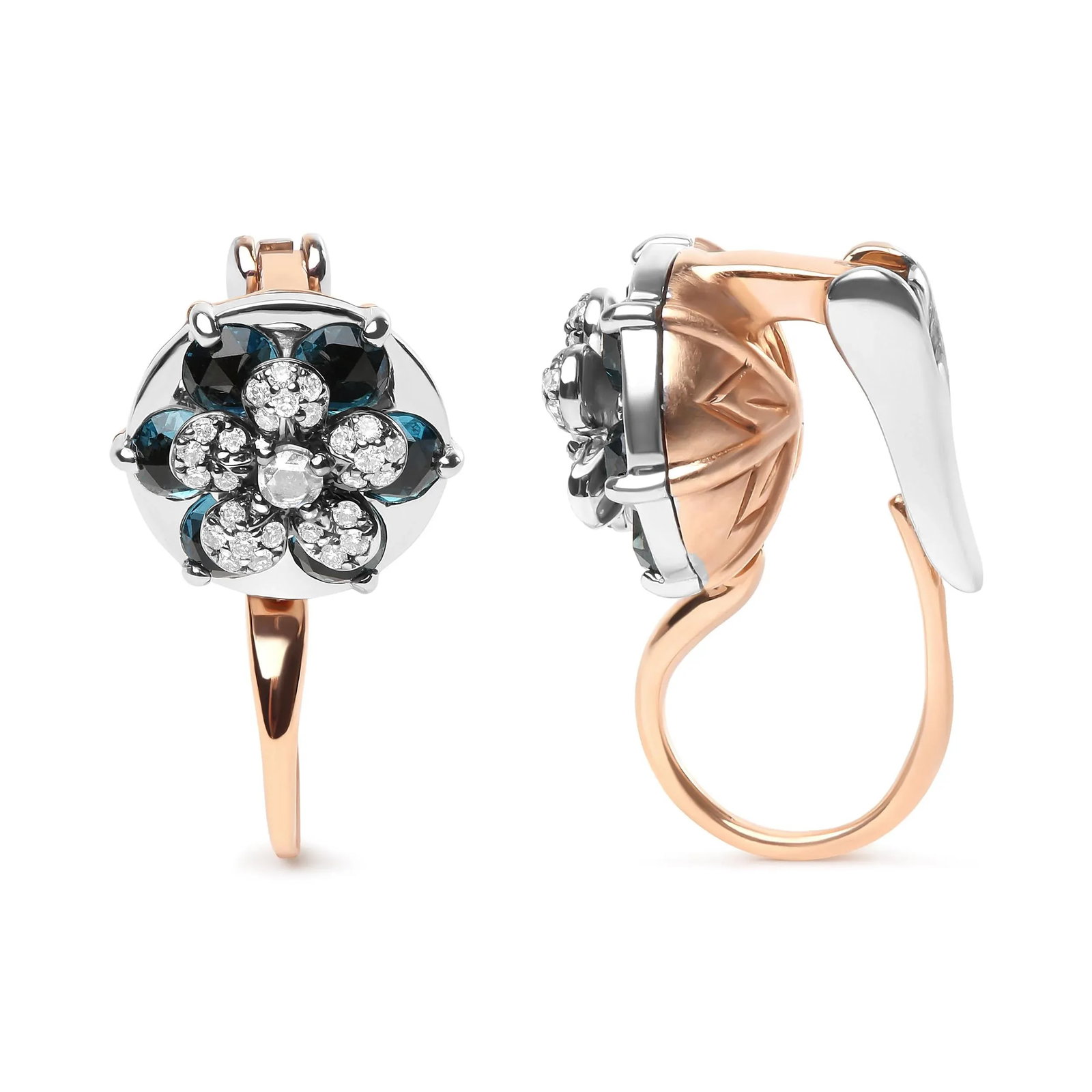 18K Rose and White Gold 1/3 Cttw Round Diamonds and Round London Blue Topaz Gemstone Cluster Floral - 3