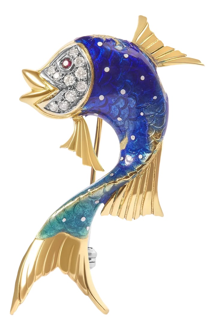 18K Yellow Gold and Blue Enamel Diamond and Pink Sapphire Fish Brooch Pin (H-I Color, VS2-SI1 Clarit: Introducing a mesmerizing masterpiece that captivates both women and men alike. This enchanting Fish Brooch Pin, crafted in 18K Yellow Gold and adorned with Blue Enamel, is a true symbol of elegance