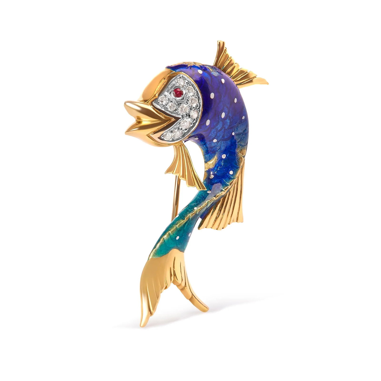 18K Yellow Gold and Blue Enamel Diamond and Pink Sapphire Fish Brooch Pin (H-I Color, VS2-SI1 Clarit - 2