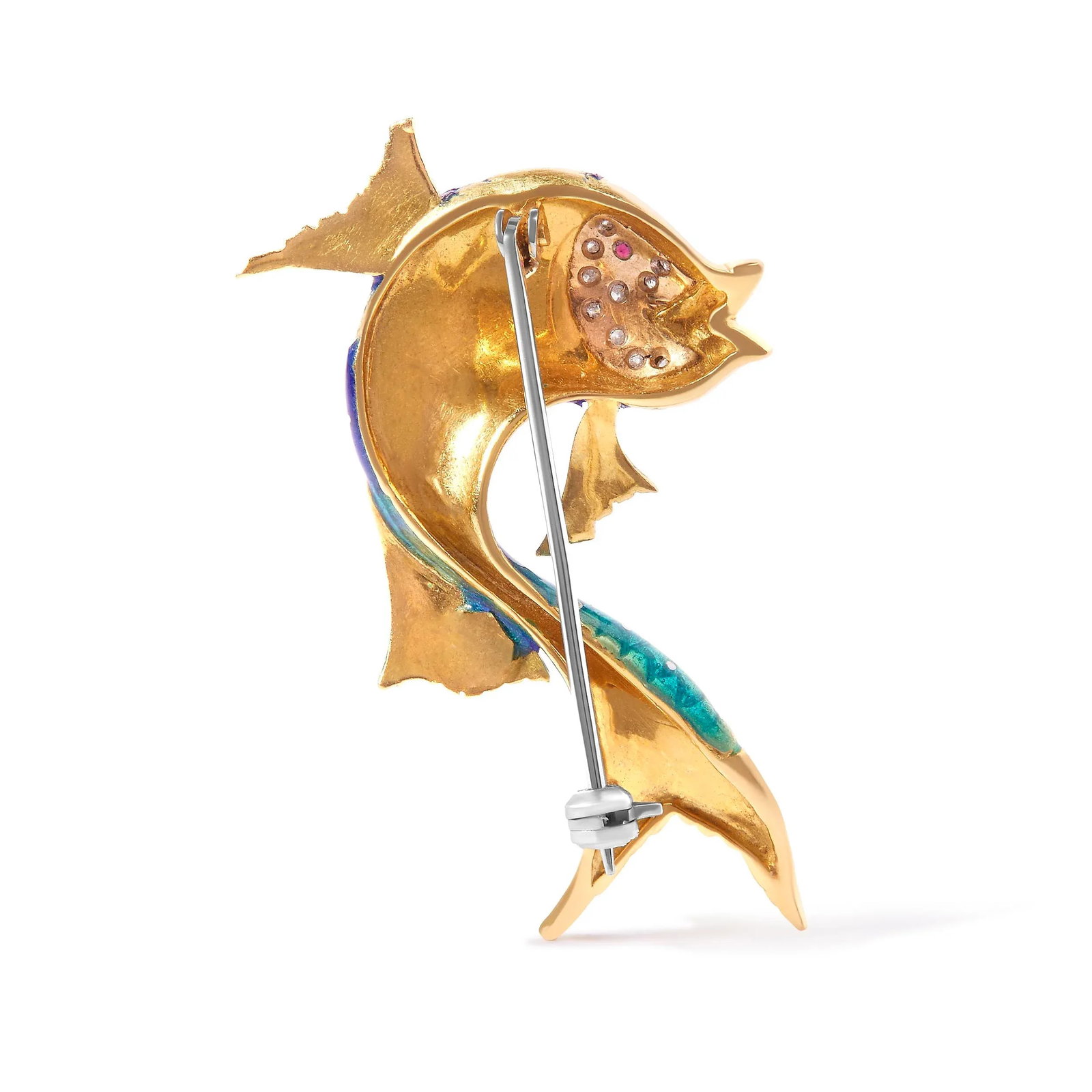 18K Yellow Gold and Blue Enamel Diamond and Pink Sapphire Fish Brooch Pin (H-I Color, VS2-SI1 Clarit - 3