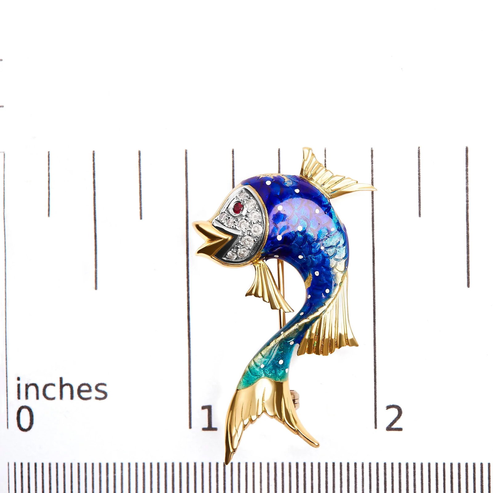 18K Yellow Gold and Blue Enamel Diamond and Pink Sapphire Fish Brooch Pin (H-I Color, VS2-SI1 Clarit - 5