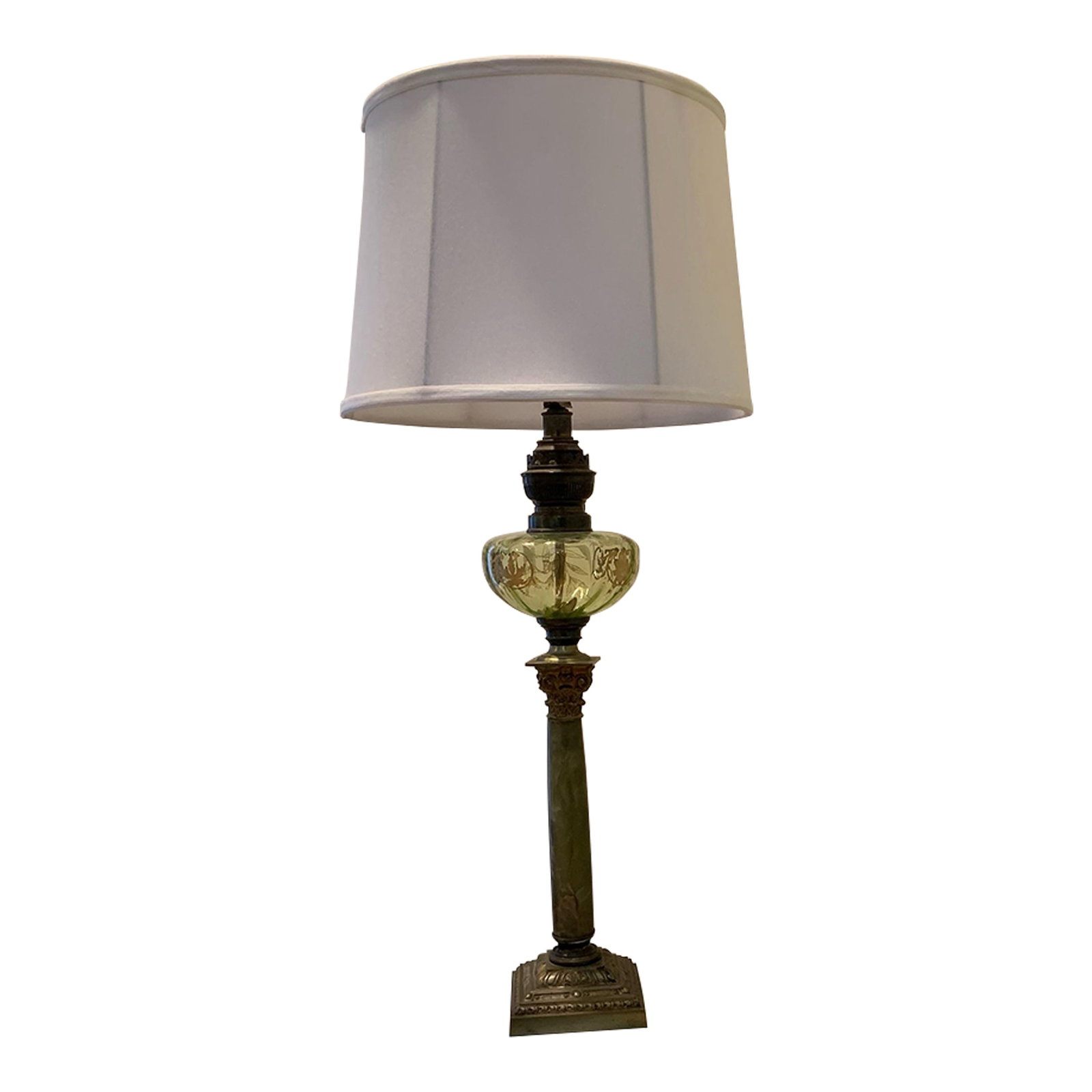 1950s Green Marble Table Lamp: Green Marble and Glass Table Lamp Vintage mid-century design from the 1950s. The lamp has bright green bubbled glass with the detailed green marble and brass body. The green and gold painted, bubbled 