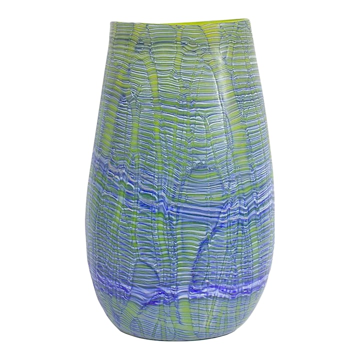2001 Art Glass Vase Signed by Artist Rod Sounik: A 2001 blue and green art glass vase by American artist Rod Sounik. The oval, slightly tapered vase features a blue and green design with lines of green pulled through the length of the vase body.