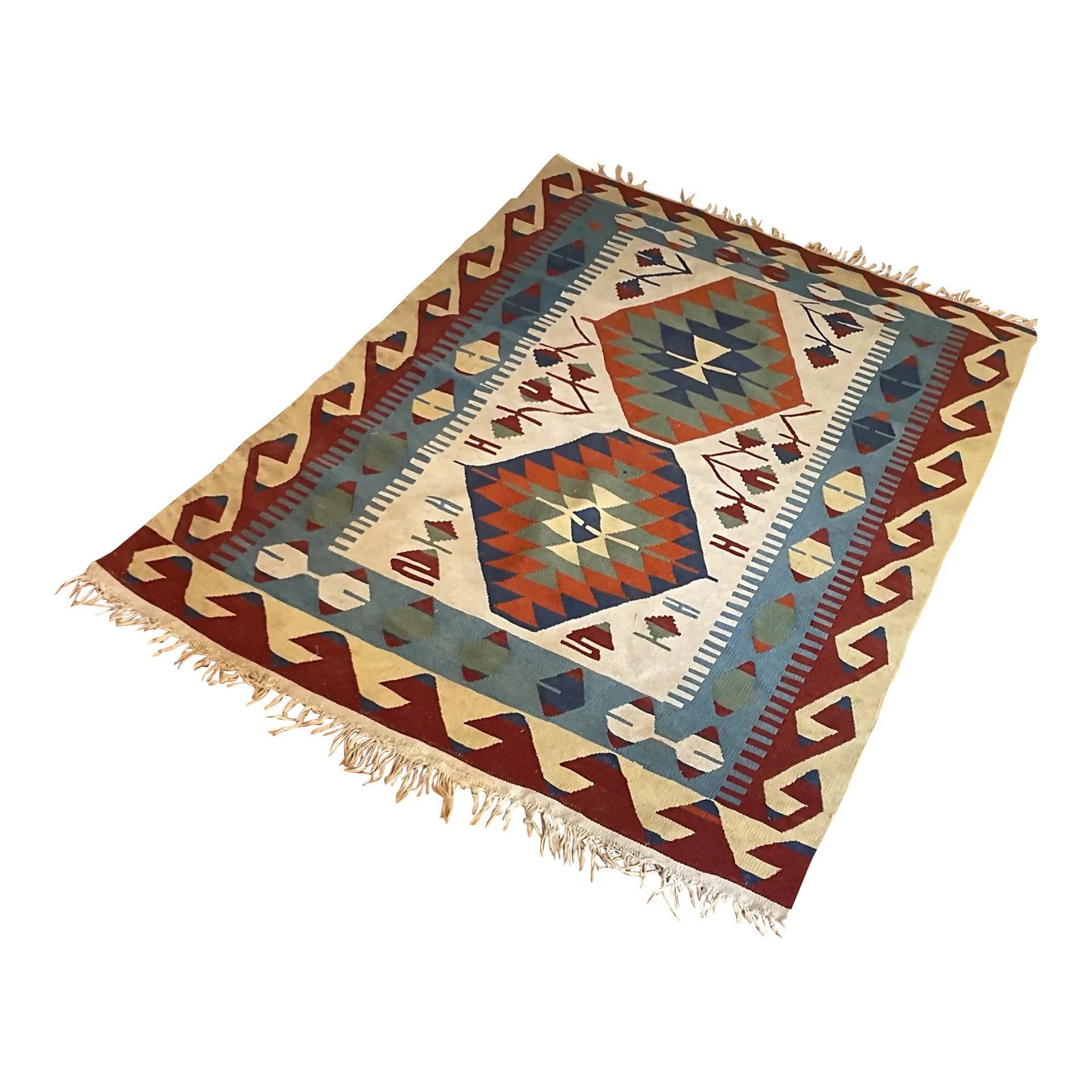 1960s Vintage Colorful Handmade Turkish Kilim Tribal Rug 64" X 43": Vintage hand-woven Kilim wool rug in a dynamic pattern in a colorful, multicolored bold scheme. Pin it up on a wall in your living room or anywhere, if you're not into rugs. Fringes shows signs of