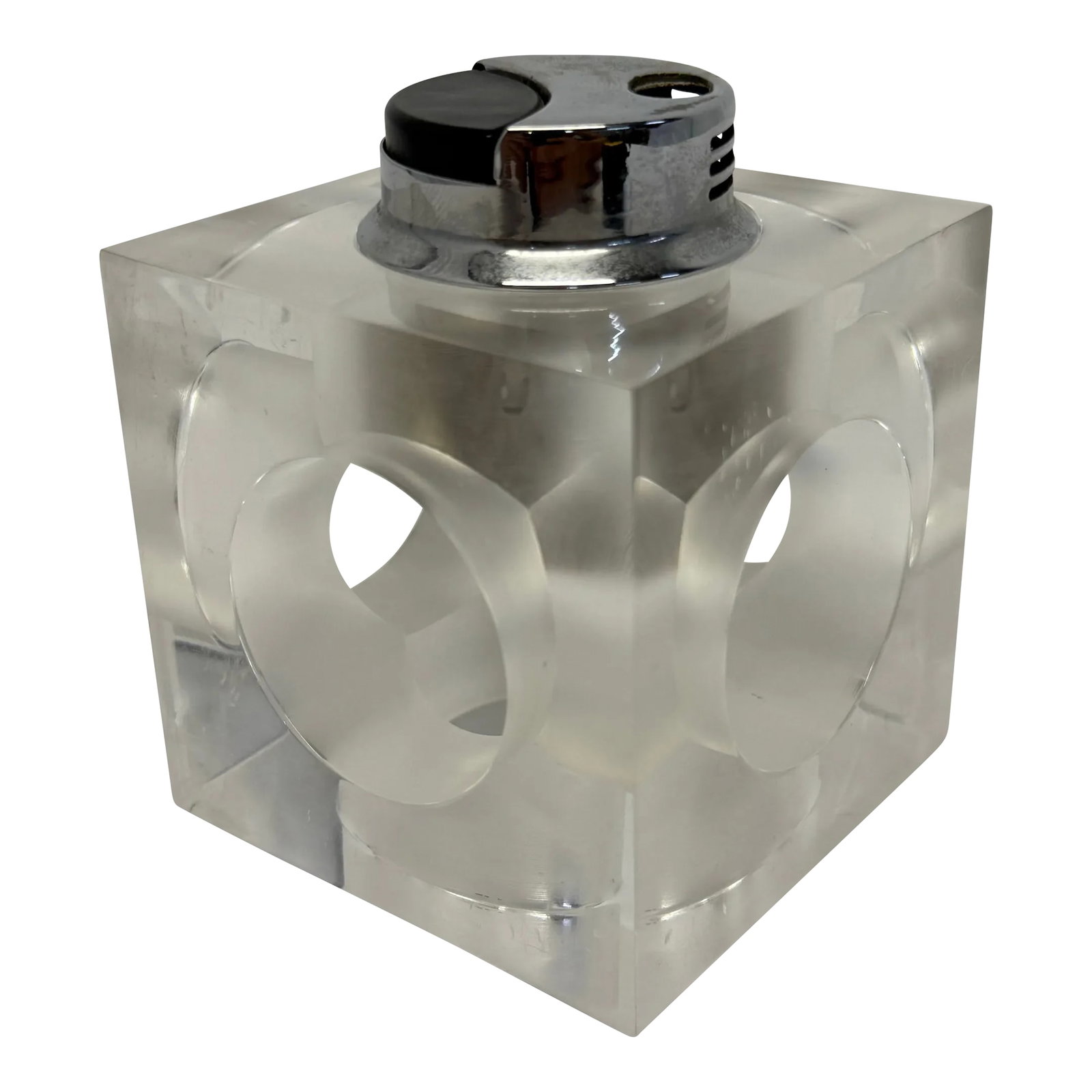 Mid-Century Modern Lucite Table Lighter, Spain 1970s: Mid-Century modern large acrylic and chrome table lighter, Spain 1970s. Condition: Alterations: Original Condition Unaltered Imperfections: Some Imperfections Condition Notes: Minor wear to acrylic an