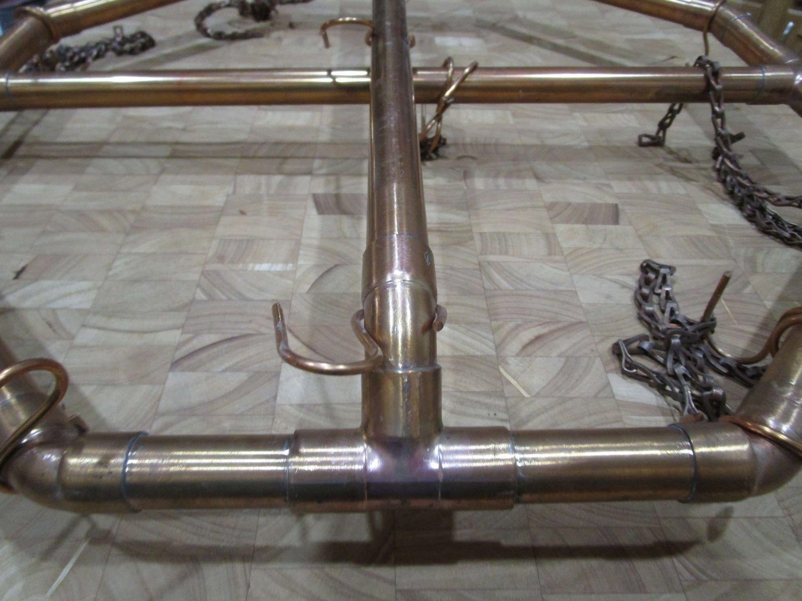 Vintage 1970s Handcrafted Copper Pipe Octagon Pot Rack With Chains & Hooks - 10