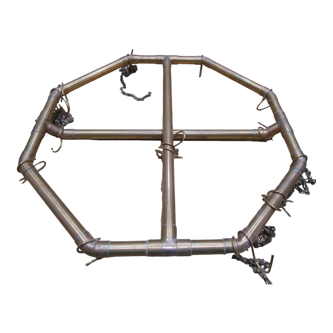 Vintage 1970s Handcrafted Copper Pipe Octagon Pot Rack With Chains & Hooks: This vintage octagon pot rack, crafted from copper pipes, exudes a classic charm reminiscent of the 1970s. Its unique design, complete with copper chains and hooks, provides both functionality and an 