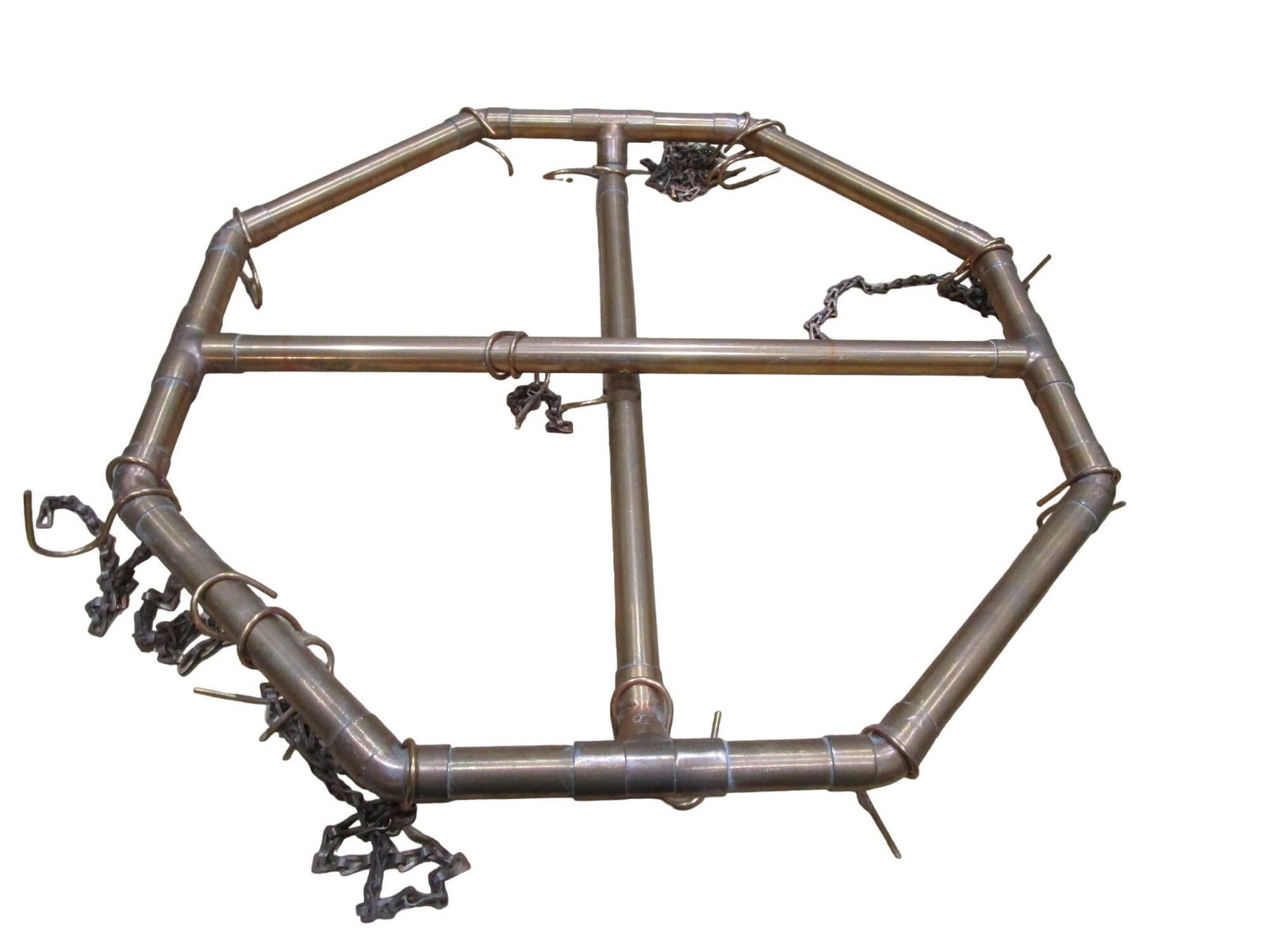 Vintage 1970s Handcrafted Copper Pipe Octagon Pot Rack With Chains & Hooks - 3