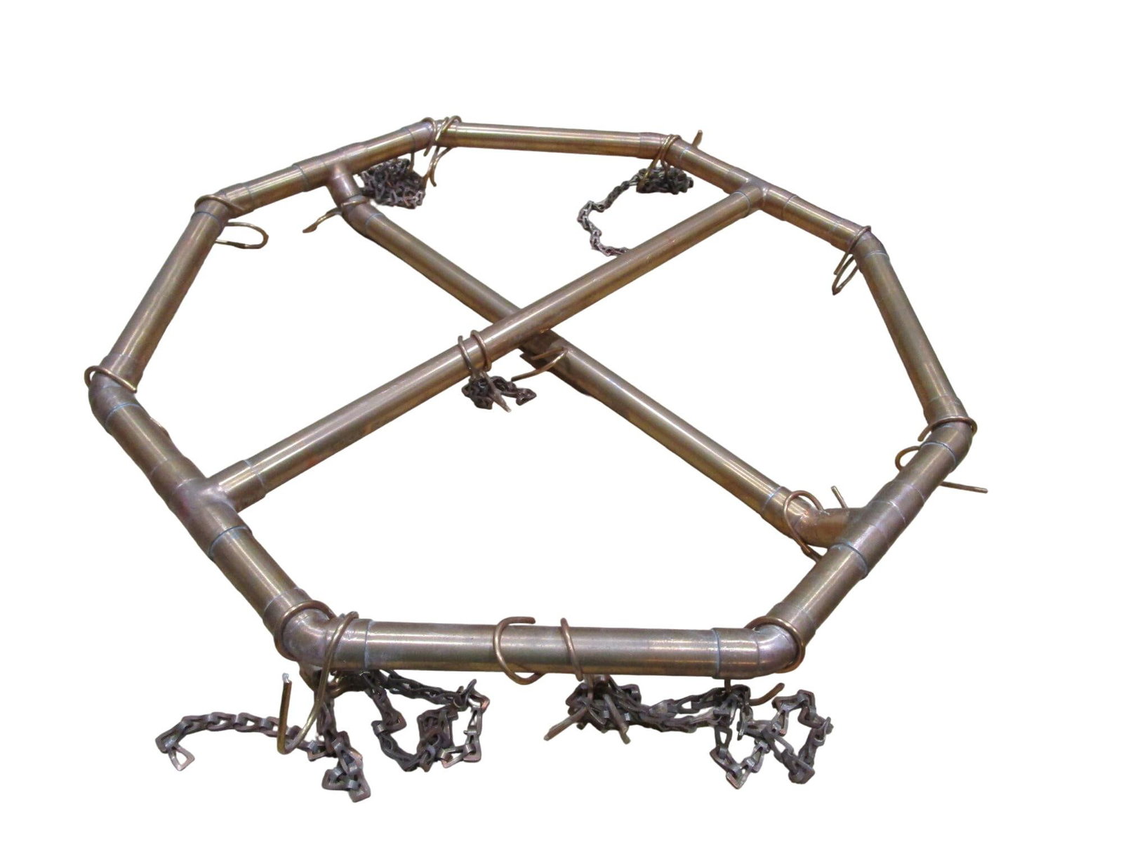 Vintage 1970s Handcrafted Copper Pipe Octagon Pot Rack With Chains & Hooks - 4