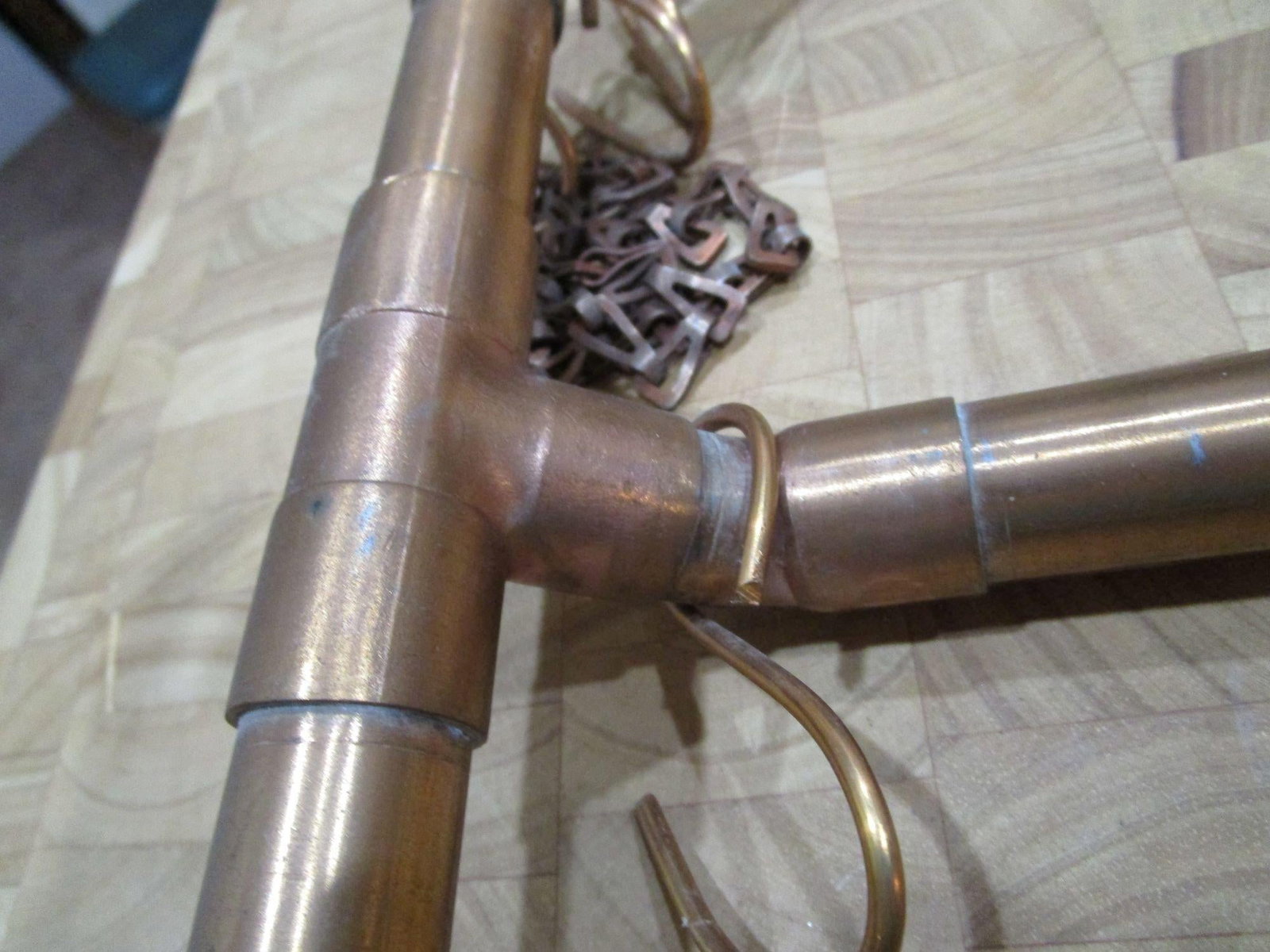 Vintage 1970s Handcrafted Copper Pipe Octagon Pot Rack With Chains & Hooks - 5