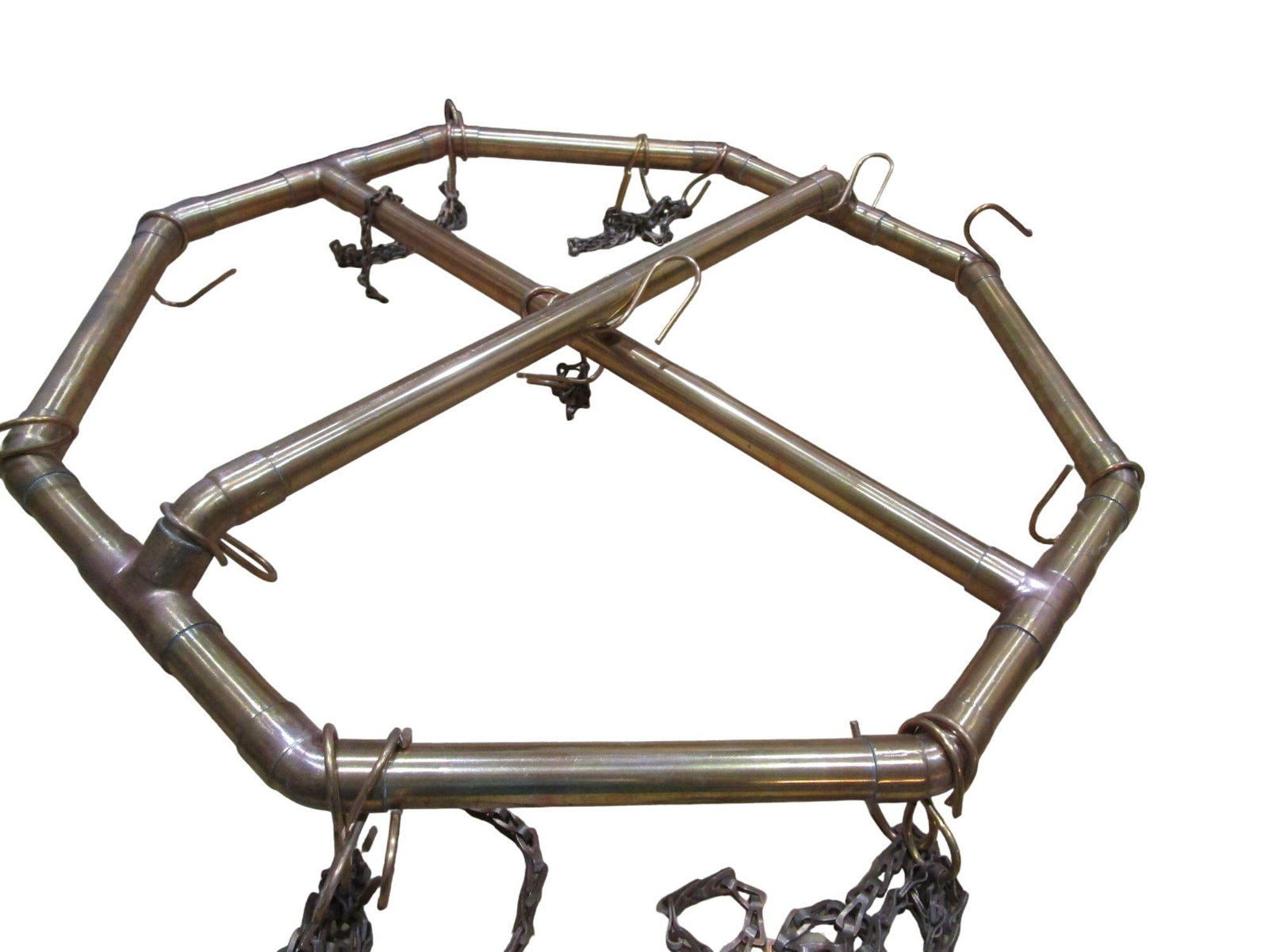 Vintage 1970s Handcrafted Copper Pipe Octagon Pot Rack With Chains & Hooks - 9