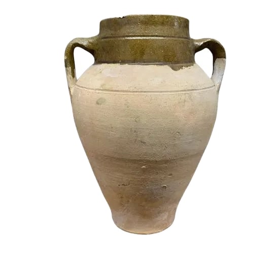 Turkish Terracotta Oil Jar: Hailing from the mountains of Anatolia and Konya in Turkey, these oil jars have a very transitional appeal. Each one is so wonderfully unique with its glaze and terra cotta color. You are buying a