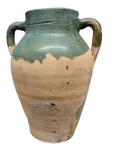 Turkish Terracotta Oil Jar: Hailing from the mountains of Anatolia and Konya in Turkey, these oil jars have a very transitional appeal. Each one is so wonderfully unique with its glaze and terra cotta color. You are buying a