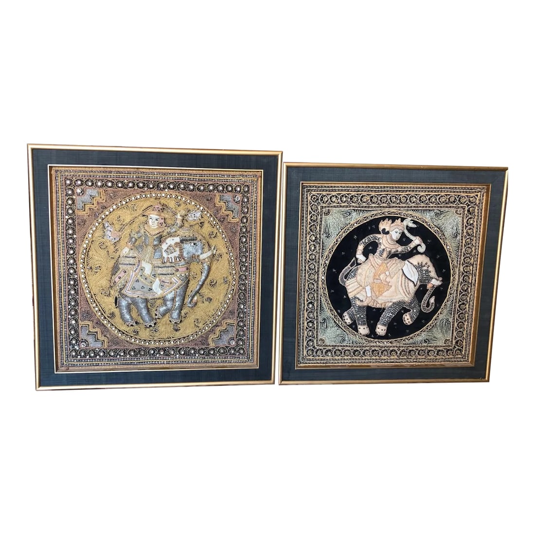 Burmese Vintage Kalaga Embroidered Tapestry Wall Art - a Pair: Experience the exquisite craftsmanship of these Burmese vintage Kalaga embroidered tapestry wall art pieces. With delicate beading and stunning embroidered details, these one-of-a-kind pieces are