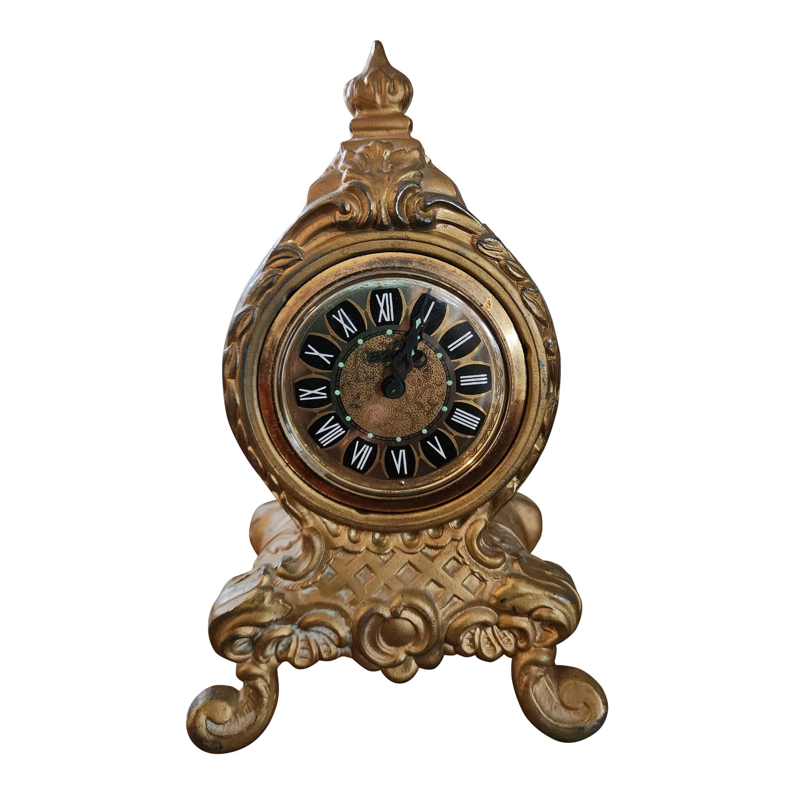 Vintage Blessing West German Desk Mantel Alarm Clock: West German Blessing Mantel Clock 6.75 inches tall, 4.25 inches wide, 2.75 inches front to back Gilded Metal made in the former West Germany Was West Germany's largest producer of alarm clocks, in bus