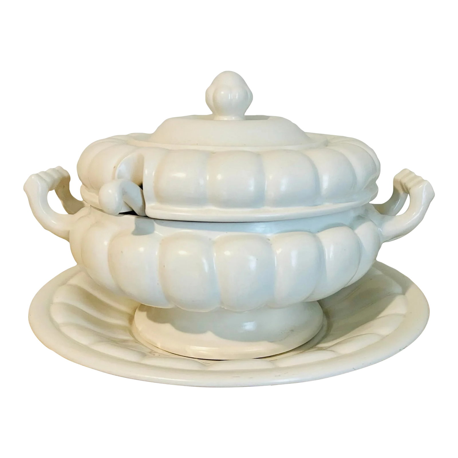 Vintage White Pumpkin Style Soup Tureen Made in Portugal: Vintage soup tureen in the form of a white pumpkin. Large tureen, four piece set with ladle and underliner. Makers mark on bottom, made in Portugal. Condition: Alterations: Original Condition