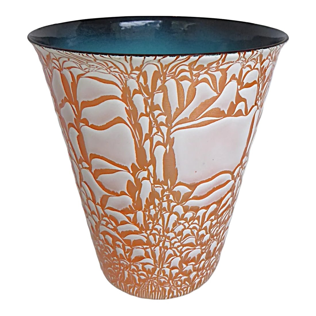 Mid Century Modern Copper Metal Enamel Large Vessel With Abstract Design by Harold Tishler 1950s: Large copper enamel vase from the 1950s by Harold Tishler with a slight flaired top. Enameling in white and copper abstract design on the outside and with dark turquoise-blue enamel inside rim with