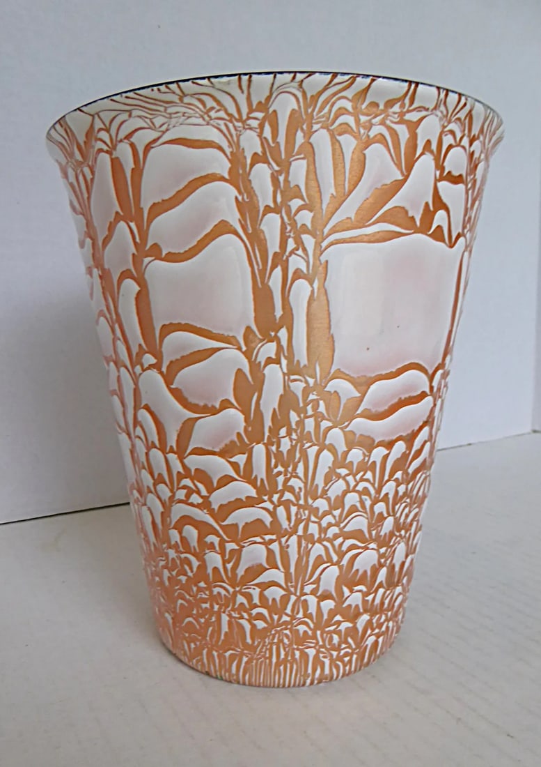 Mid Century Modern Copper Metal Enamel Large Vessel With Abstract Design by Harold Tishler 1950s - 2