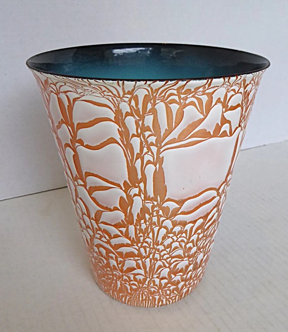Mid Century Modern Copper Metal Enamel Large Vessel With Abstract Design by Harold Tishler 1950s - 5