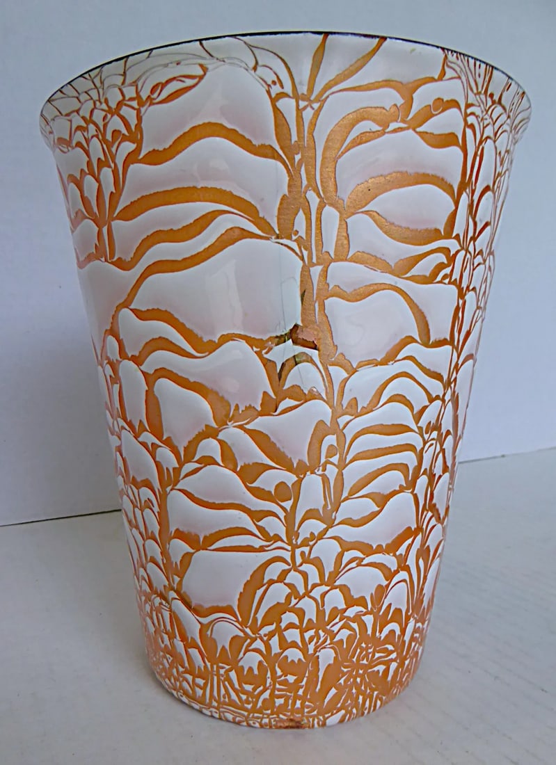 Mid Century Modern Copper Metal Enamel Large Vessel With Abstract Design by Harold Tishler 1950s - 6