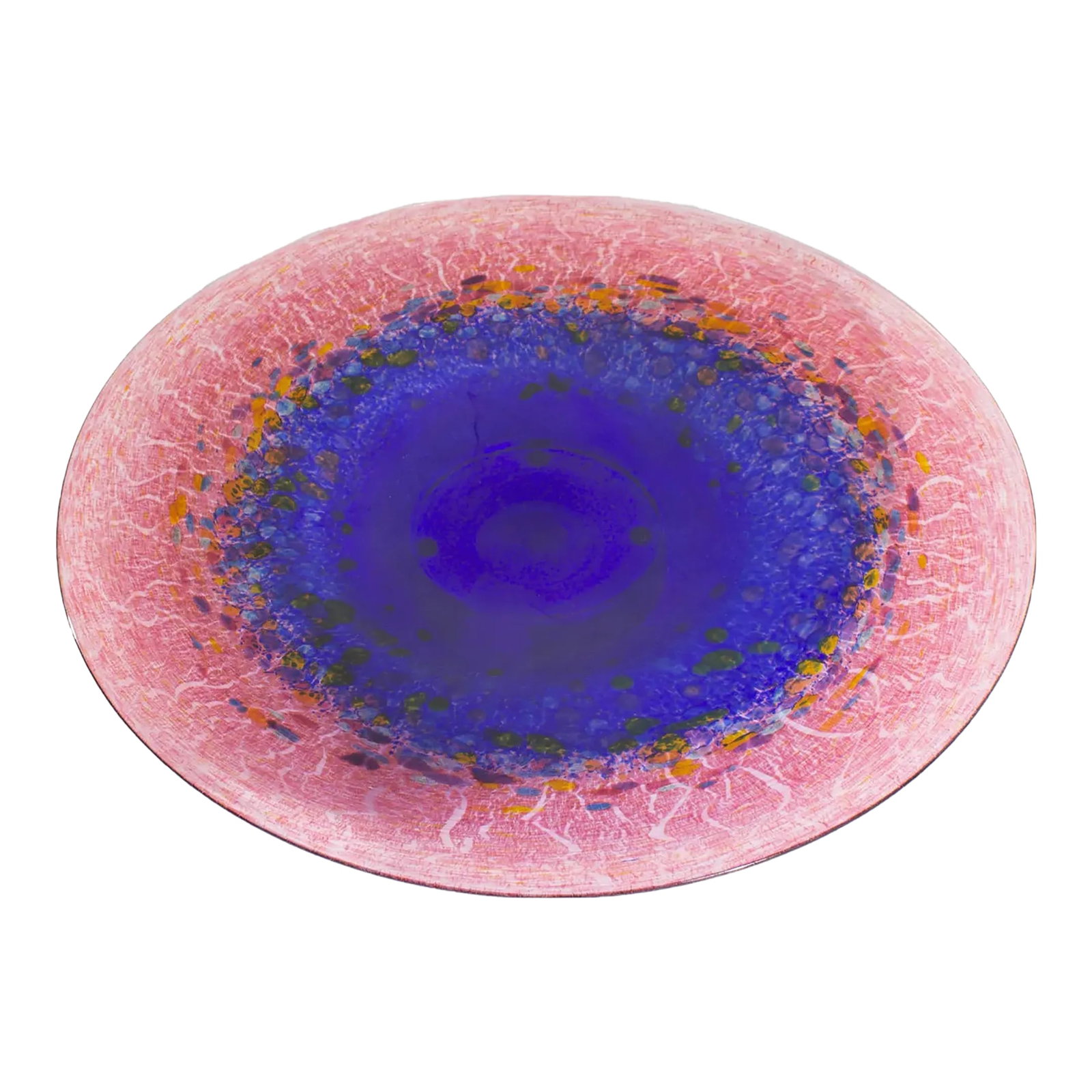 Art Glass Centerpiece Signed by Artist Robert Held: An art glass centerpiece bowl by the American artist Robert Held. The centerpiece, a flat disc shape, is cobalt blue and pink in color with a shade of orange appearing where the blue and pink meet.
