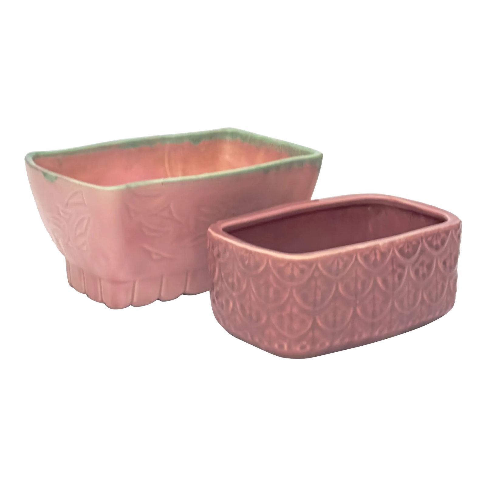 Vintage Rectangular Raspberry Pink Planter Curation - Group of 2: Rectangular pink planters, group of 2. A beautiful set of textured light green, raspberry, and blush pink rectangular planters from the mid-20th century. Made in the USA. Shortest: 2.75"H Tallest:
