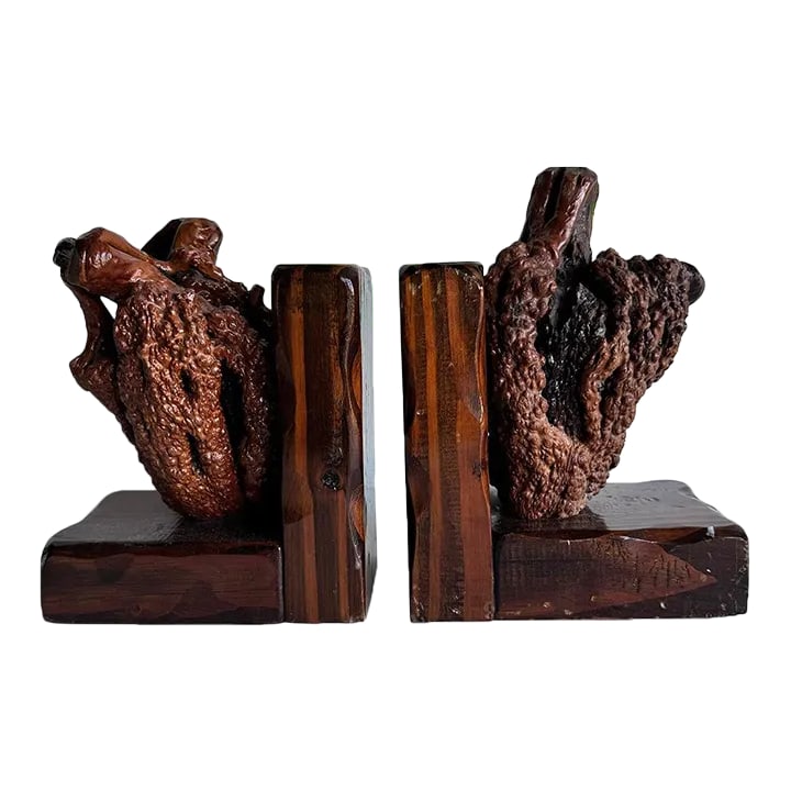 Vintage Burlwood Bookends - a Pair: Here you have a stunning pair of early to mid-20th century burl wood bookends that are more than just functional decor, they embody the organic beauty and resilience of mother nature. These bookends