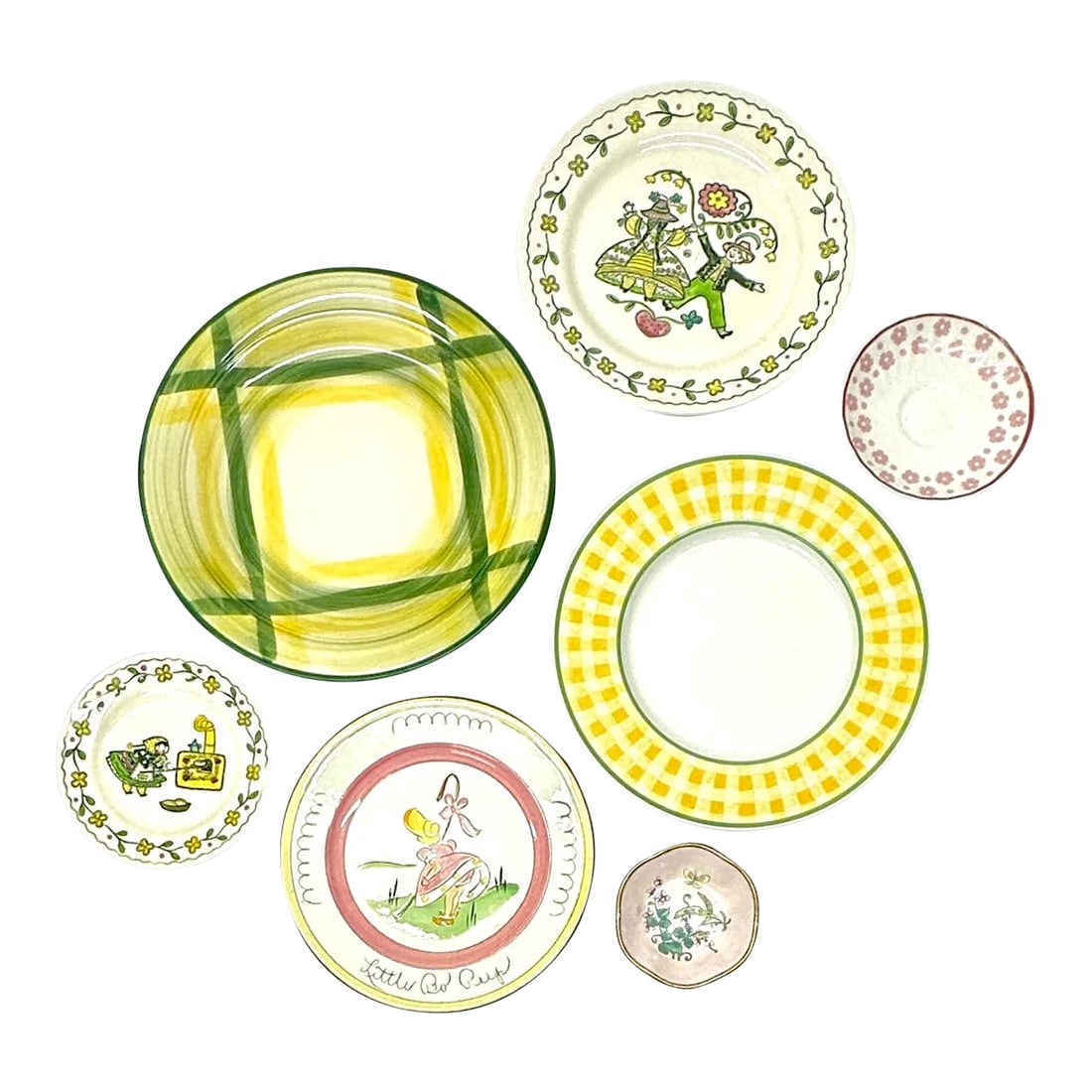 Whimsical Storytime Vintage Wall Plate Curation - Group of 7: Storybook decorative plates, group of 7. This is a vibrant set of decorative plates featuring a yellow, green, pink, and white colorway while having an overall whimsical storytime theme. Smallest: