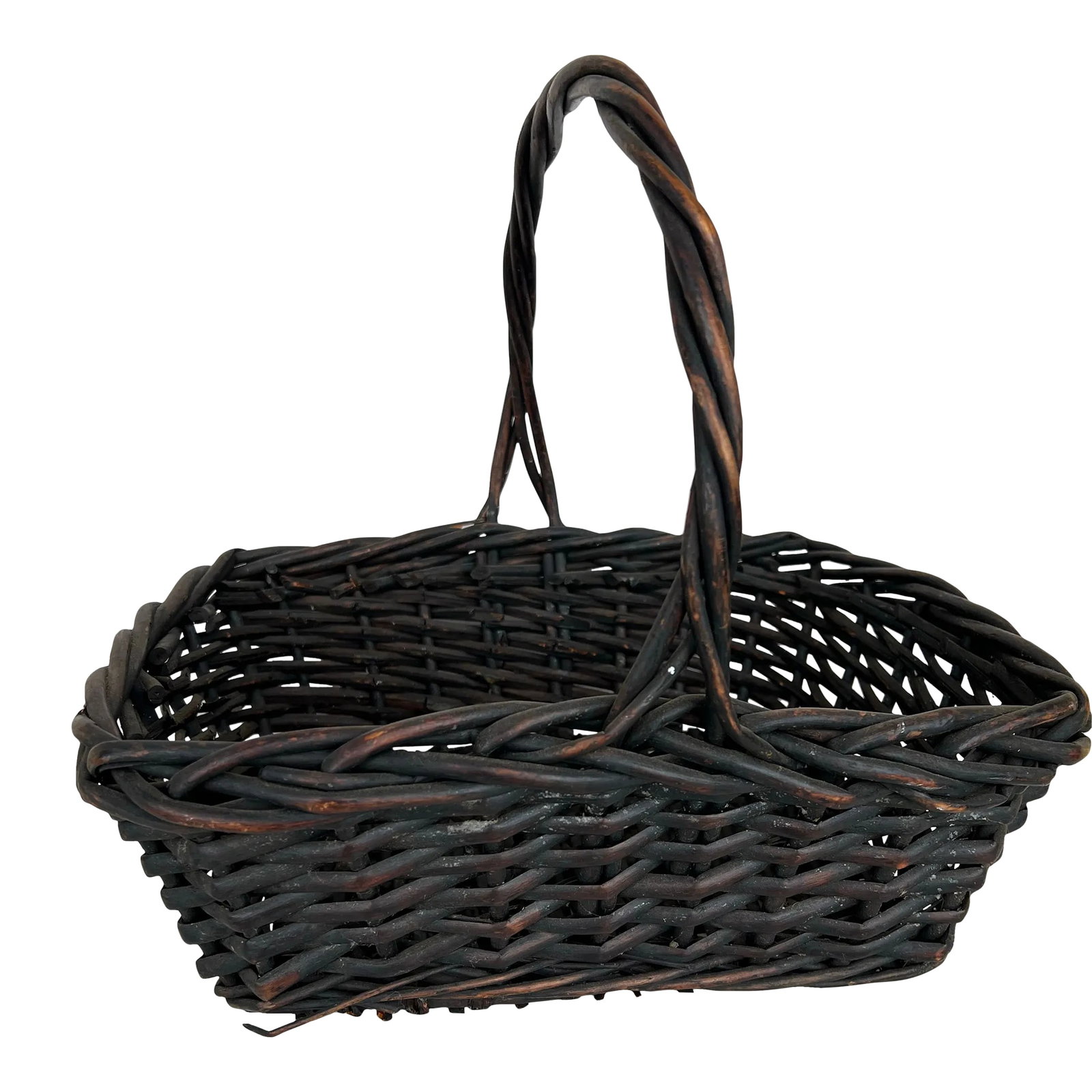 1970s Black Twisted Vine Basket With Handle: Vintage dark brown almost black basket. Made from twisted vine. Measuring 14" tall with handles. Without the handles measuring 5.5" . The diameter is 15" x 12 1/2 " Condition: Alterations: Original Co