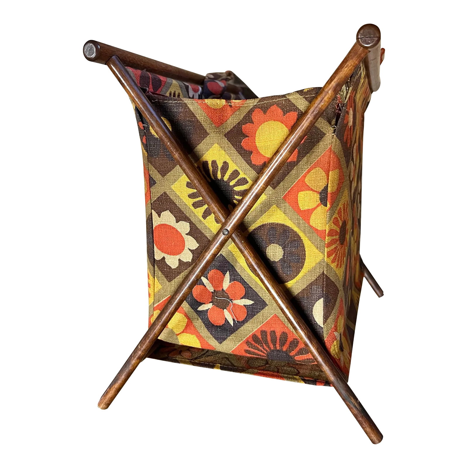 Mid 20th Century Mid Century Fabric Knitting or Magazine Foldable Holder: Vintage, Mid Century Folding Basket. Retro fabric in Orange Gold & brown floral print Fabric. Collapsible Storage Bag. Wood frame with fabric lined bag This was a kniting bag but could also be used