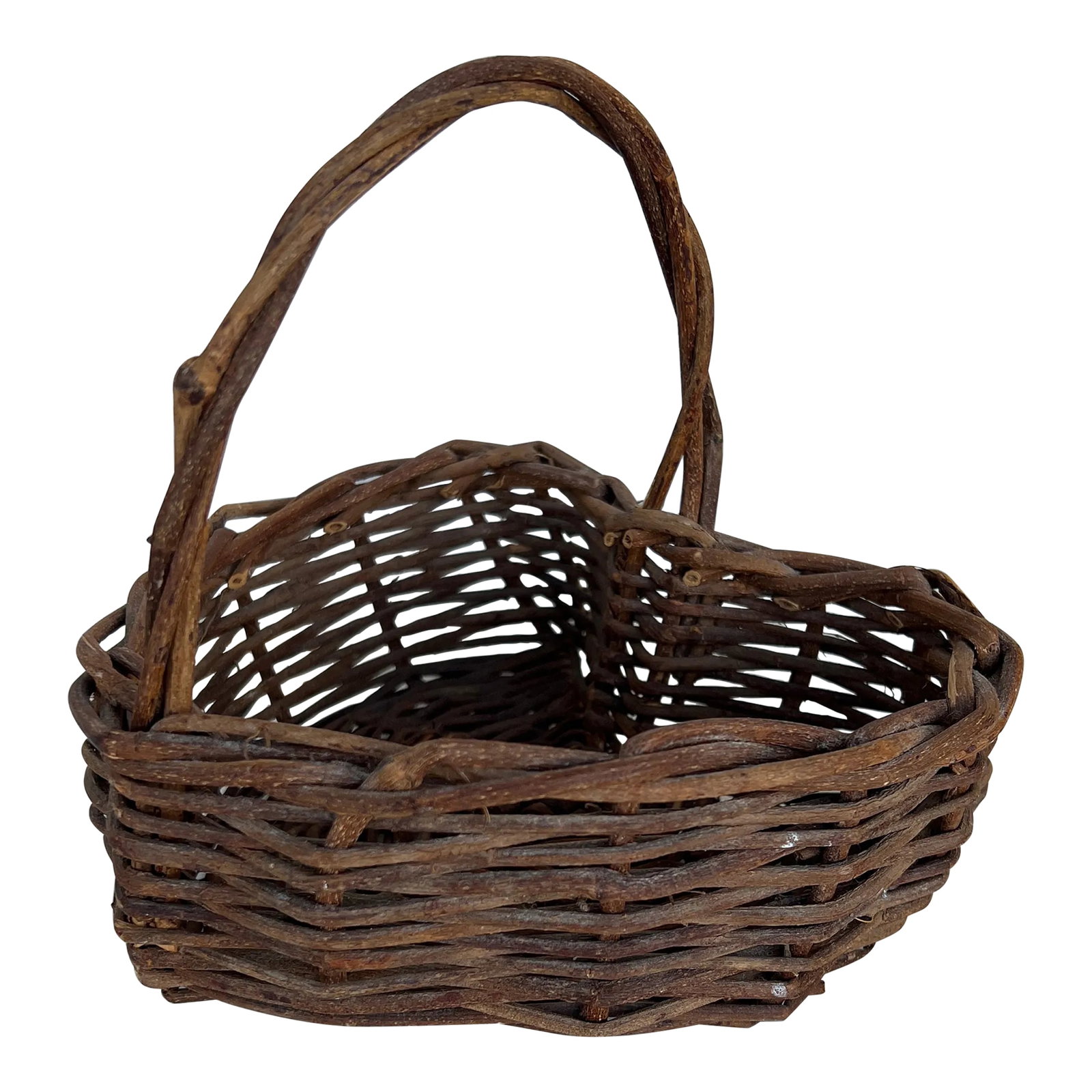 Mid 20th Century Vintage Rustic Heart Shaped Basket With Handle: Vintage small rustic handmade basket. This twig, vine weaved basket has the shape of a heart with a handle. Basket measures 7.5" x 6". The basket is 3" tall or 7" tall with handle. Condition: Alterati