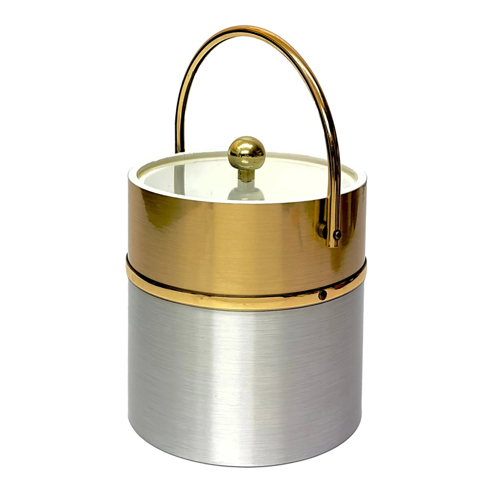 Faux Brushed Brass and Steel Wrapped Acrylic Ice Bucket With Lid: Brass and steel ice bucket. This is a beautiful mid-century brass and steel-wrapped acrylic ice bucket; featuring a two-toned cylindrical shape with a white interior, lid, and handle. Width: 8"
