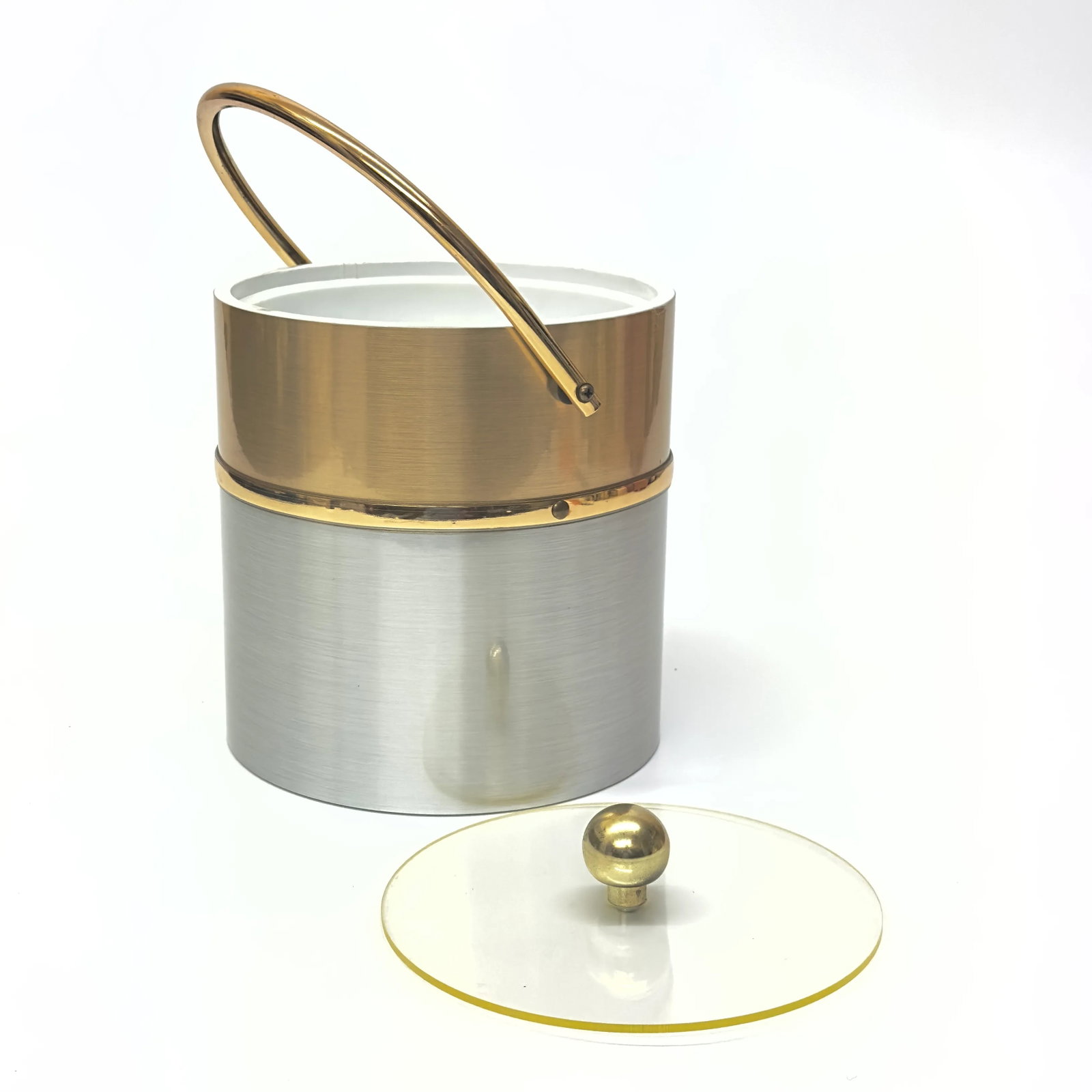 Faux Brushed Brass and Steel Wrapped Acrylic Ice Bucket With Lid - 7