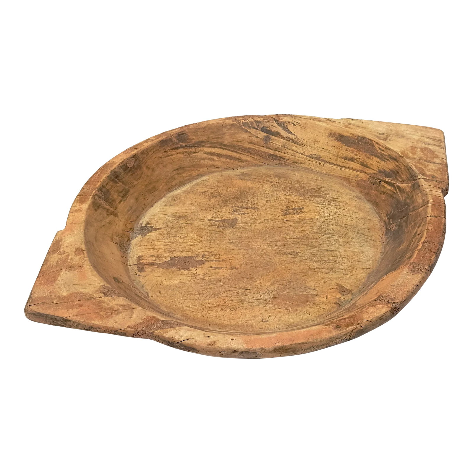 Monumental Rustic Wooden Platter or Serving Tray: Wooden fruit platter. This is a monumental beautiful rustic natural wooden platter with a rounded center and two pointed triangular handles. Height: 3" Width: 25" Condition: Alterations: Original