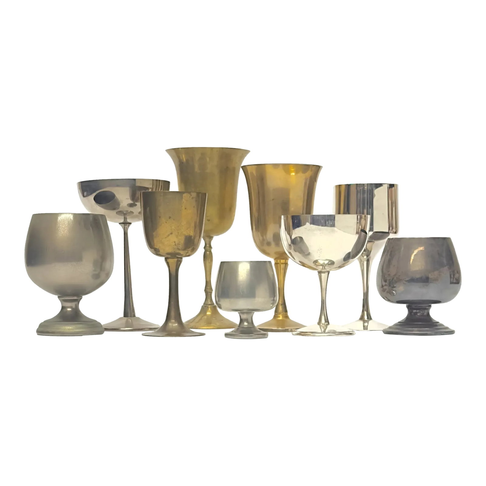 Vintage Mixed Metals Goblet Curation - Group of 9: Mixed metal decorative goblets, group of 9. An elegant set of mixed metal goblets in a brass, bronze, and silver colorway featuring a variety of shapes and sizes. Shortest: 3" Tallest: 7.5"