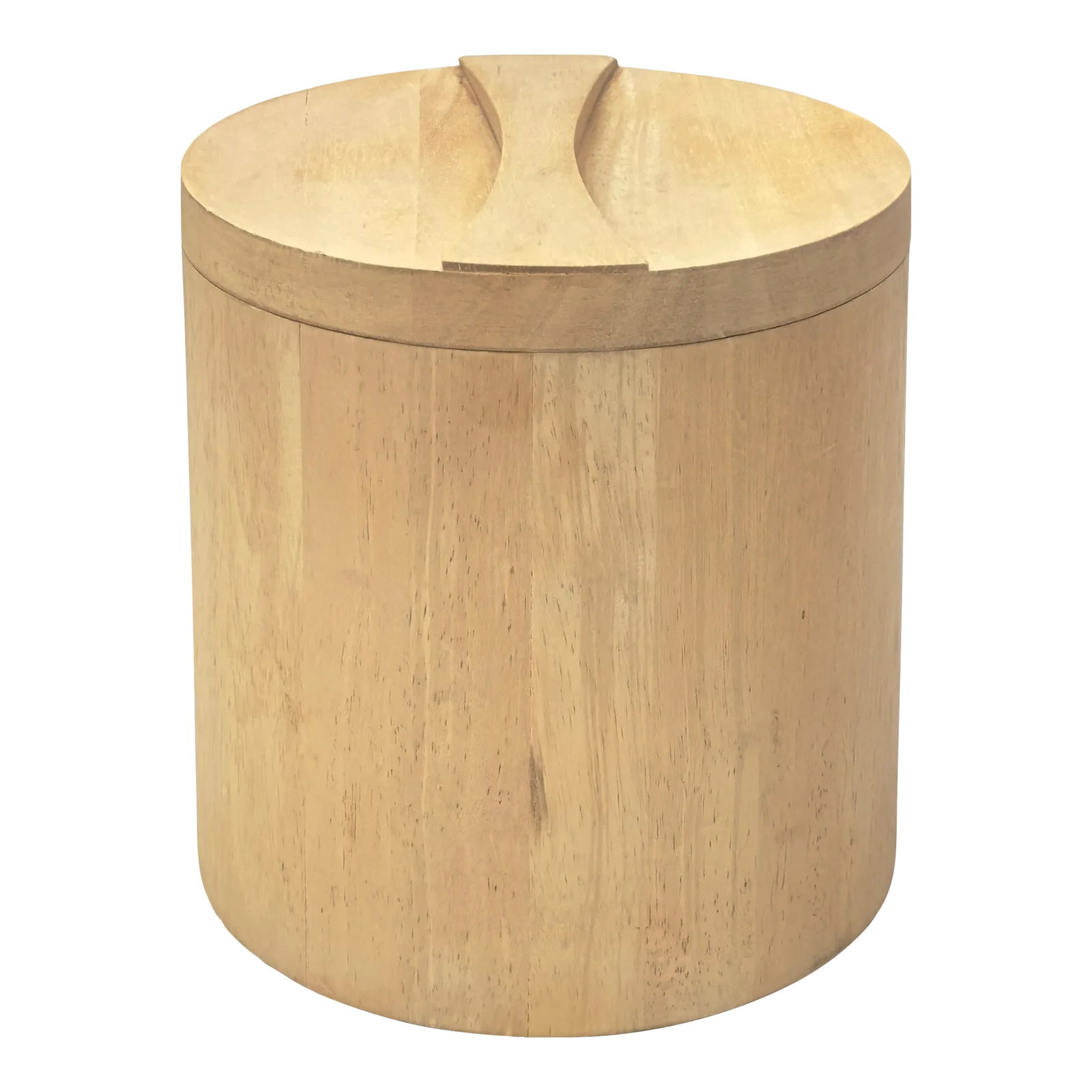 Minimalist Cylindrical Blond Wood Ice Bucket Attributed to Georges Briard: Cylindrical wooden ice bucket. This is a beautiful contemporary Georges Briard-style cylindrical-lidded ice bucket in light wood with a white interior. Width: 8" Height: 8.25" Condition: Alterations: