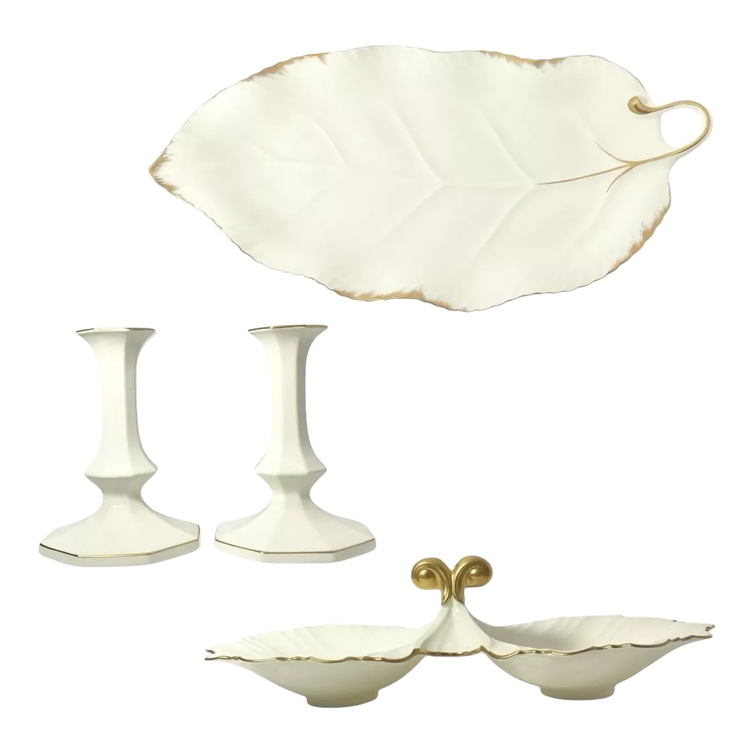 Mikasa 3-Piece Ivory Bone Gold Porcelain Dinnerware & Decor Set: Mikasa 3-Piece Ivory Bone Porcelain Dinnerware & Decor Set, 24K Gold Rim No chips, cracks, or fleabites. Set Includes 1 Leaf Shaped Dish 15 5/8" 1 Pair of Candle Holders 6 3/4" 1 Divided Serving Bowl