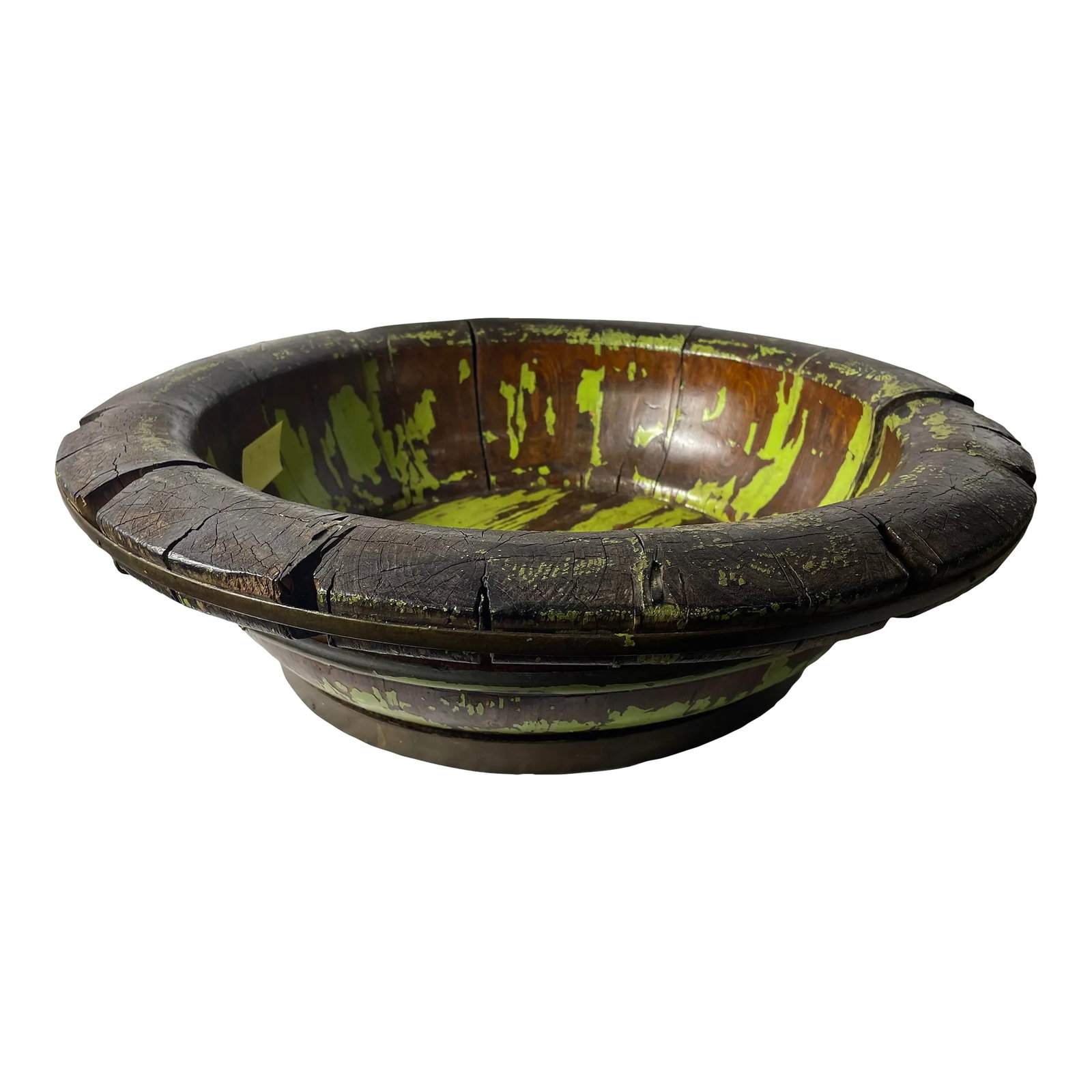 Antique Chinese 19th Century Lacquered Peach Wood Basin or Bowl: A large Chinese utilitarian basin or bowl crafted out of peachwood, with green lacquer and forged bronze braces, circa 1880. This antique Chinese basin or bowl is a stunning piece of history. The