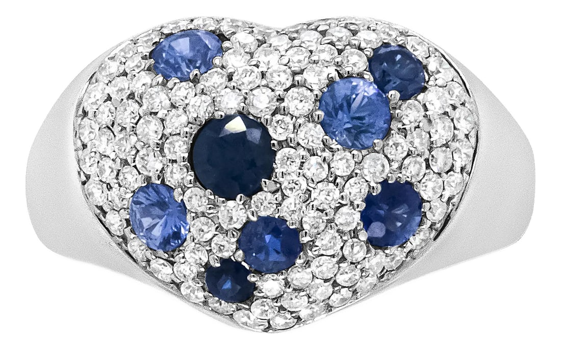 18K White Gold Blue Sapphire and 5/8 Cttw Diamond Cluster Heart Shaped Ring (F-G Color, VS1-VS2 Clar: This piece embodies the phrase "a heart of gold." A beautiful cluster of natural white diamonds is the central motif of this 18k white gold ring. The cluster also has 8 blue sapphire gemstones
