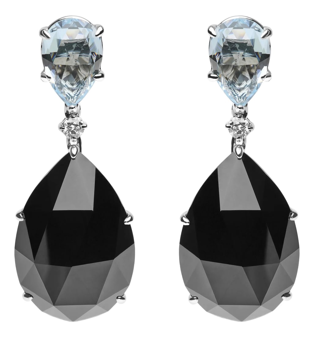 18K White Gold 1/5 Cttw Diamond with Pear Cut Sky Blue Topaz and Pear-Cut Black Onyx Gemstone Dangle: A sultry seduction takes hold of these gorgeous dangle drop earrings crafted of genuine 18k white gold, a metal that will stay tarnish-free for years to come. The upper dangle sets a glamorous start