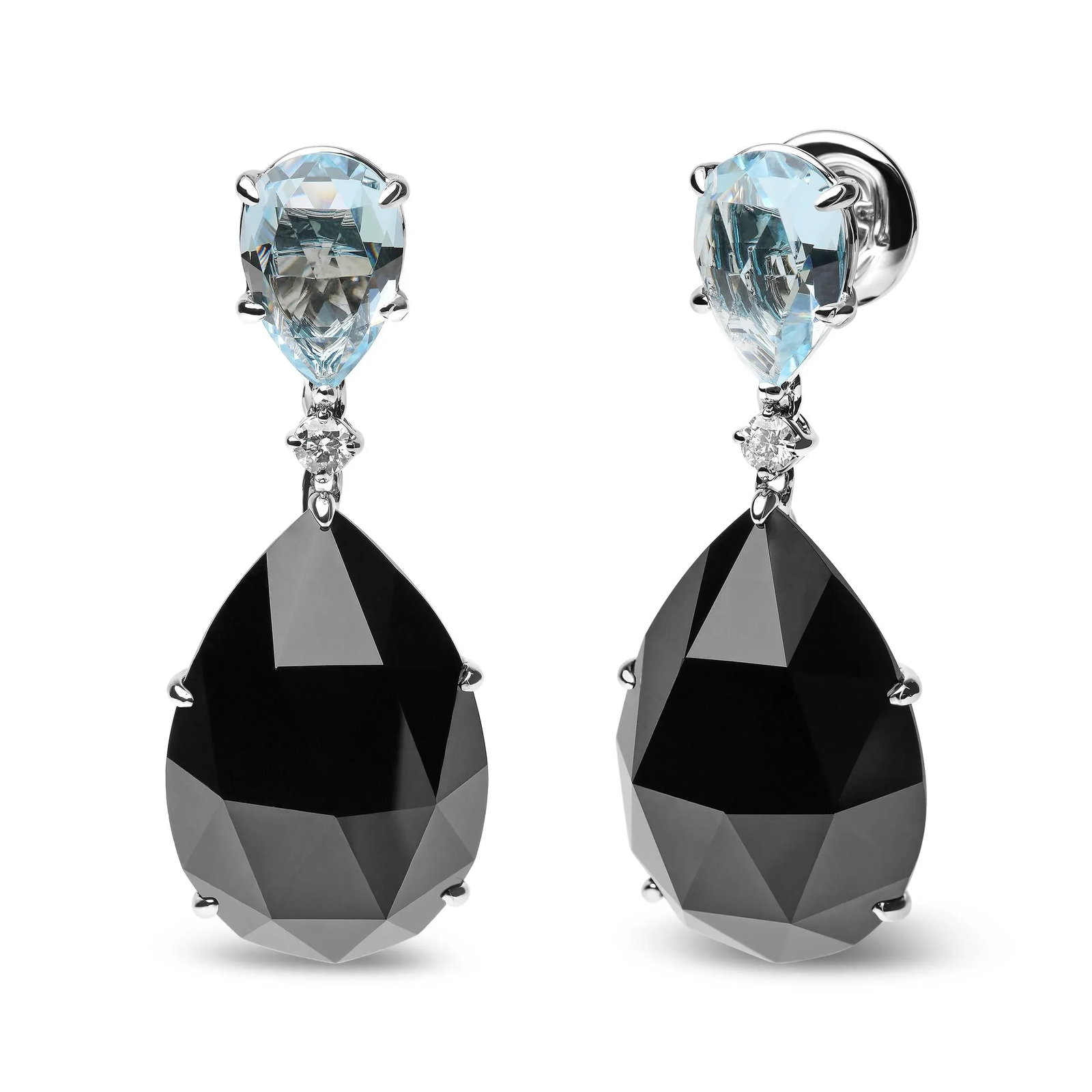 18K White Gold 1/5 Cttw Diamond with Pear Cut Sky Blue Topaz and Pear-Cut Black Onyx Gemstone Dangle - 2