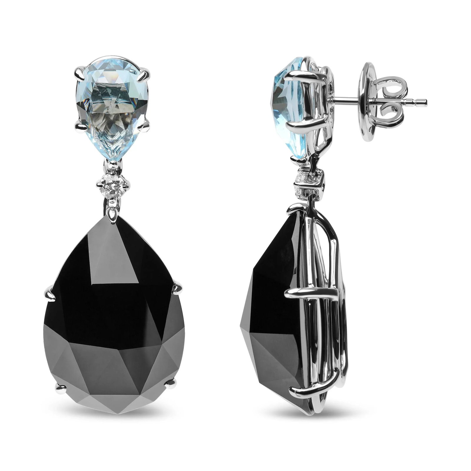 18K White Gold 1/5 Cttw Diamond with Pear Cut Sky Blue Topaz and Pear-Cut Black Onyx Gemstone Dangle - 3