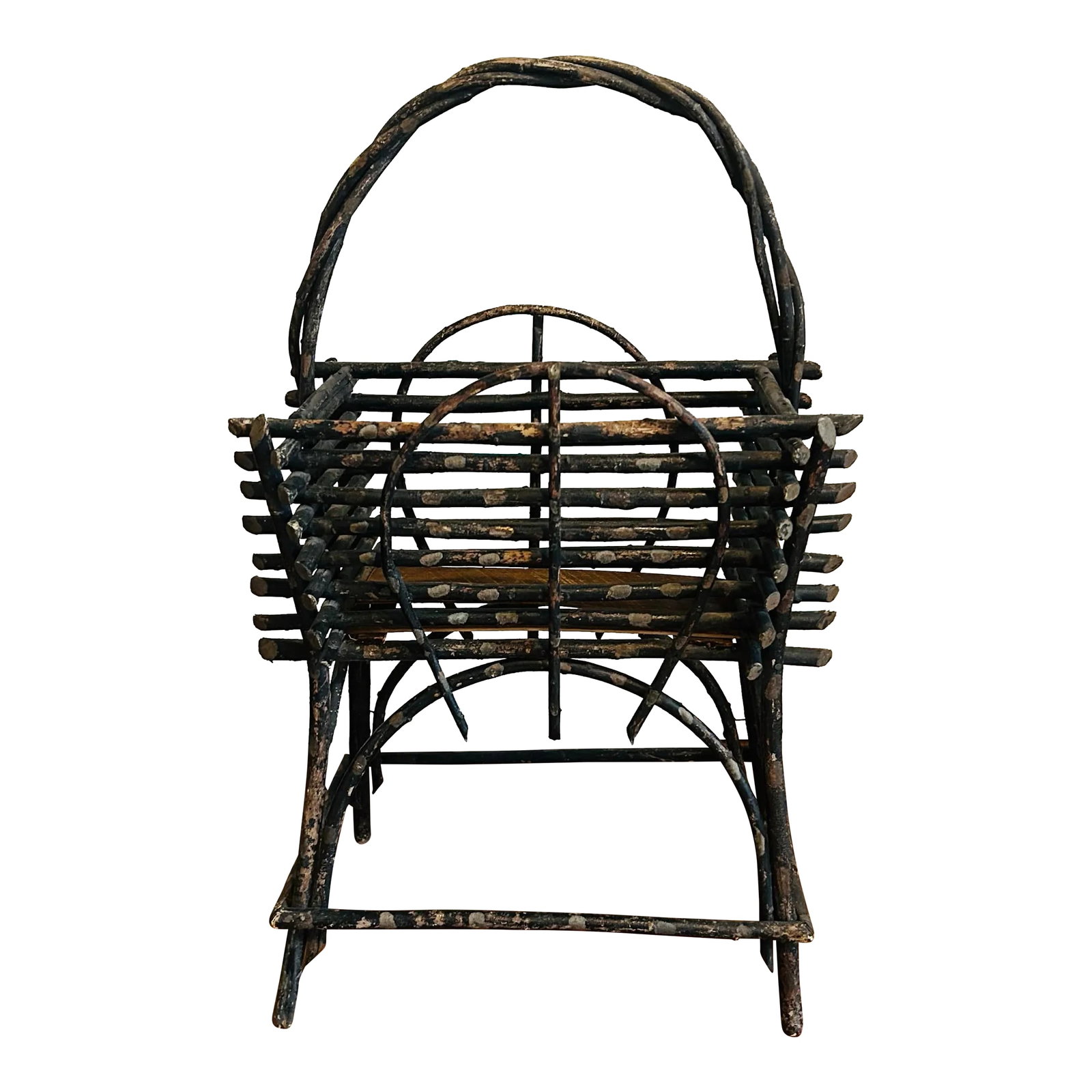 Antique Adirondack Twig and Branch Book Magazine Rack Holder: Antique rustic Adirondack style book/ magazine rack. Has original folk art style painted pattern throughout. Very sturdy, great looking piece. Condition: Alterations: Original Condition Unaltered