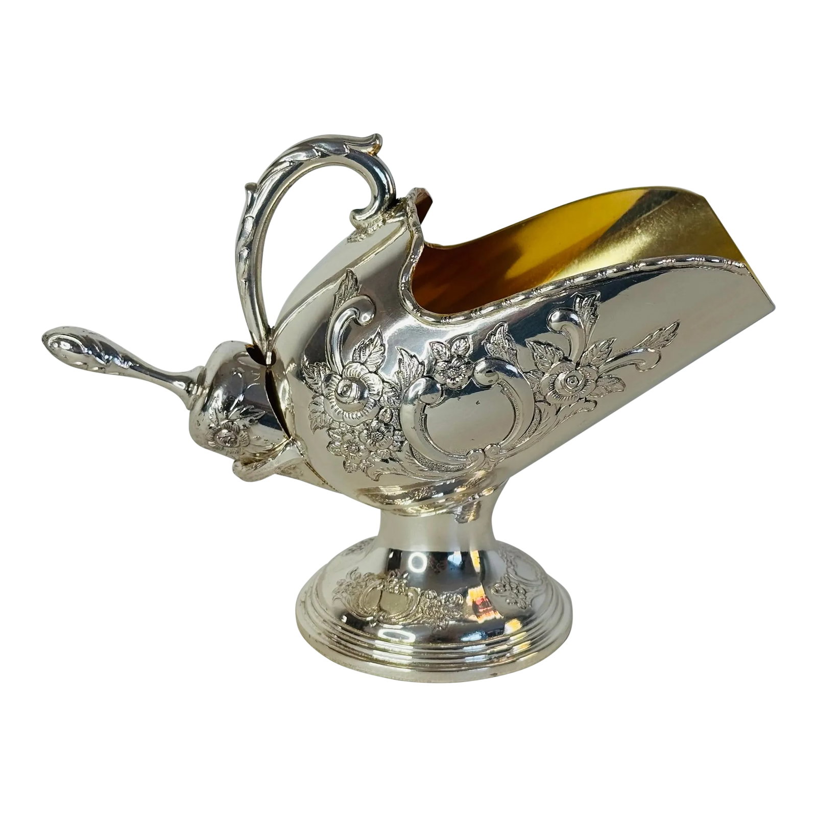 Vintage Raimond Silver Plate Sugar Scuttle With Scoop: Vintage Raimond Silver Plate Sugar Scuttle With Scoop. The inside has a gold wash. Marked underneath. Condition: Alterations: Original Condition Unaltered Imperfections: Some Imperfections Condition